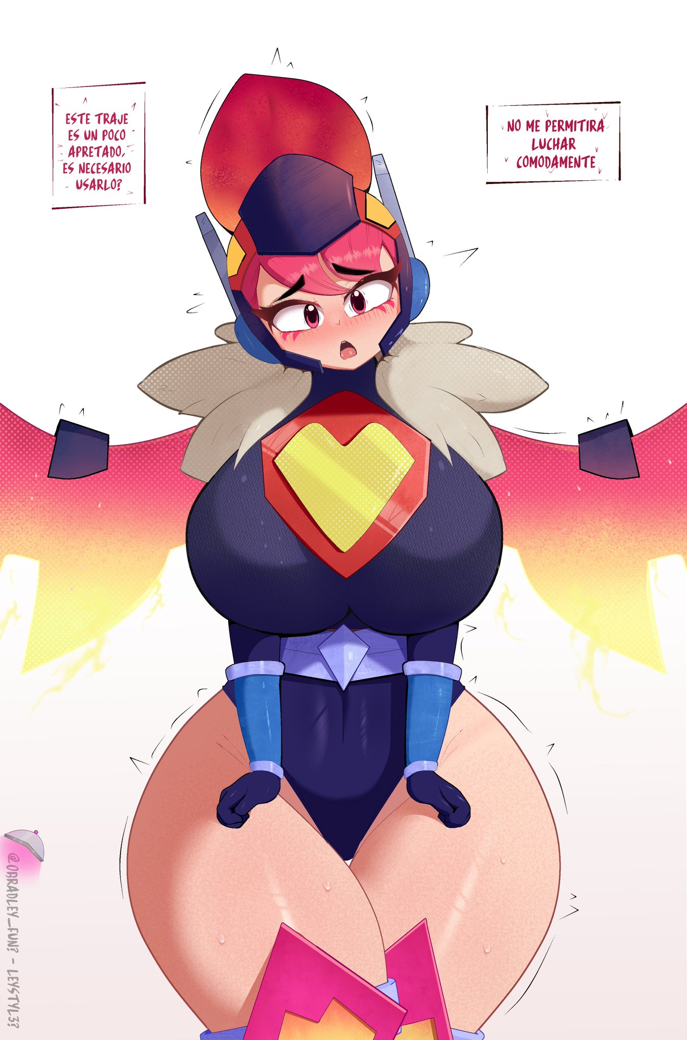 1girls, 2025, armor, armored female, ashamed, ass, big ass, big breasts, big butt, bradleyfun?, brawl stars, breasts, dialogue, embarrassed, embarrassed female, exposed ass, feathers, female, fire, fire hair, firewing janet (brawl stars), heart, hero, heroine, janet (brawl stars), looking at viewer, no panties, red eyes, red hair, spanish text, supercell, talking to viewer, text, uncomfortable, wings