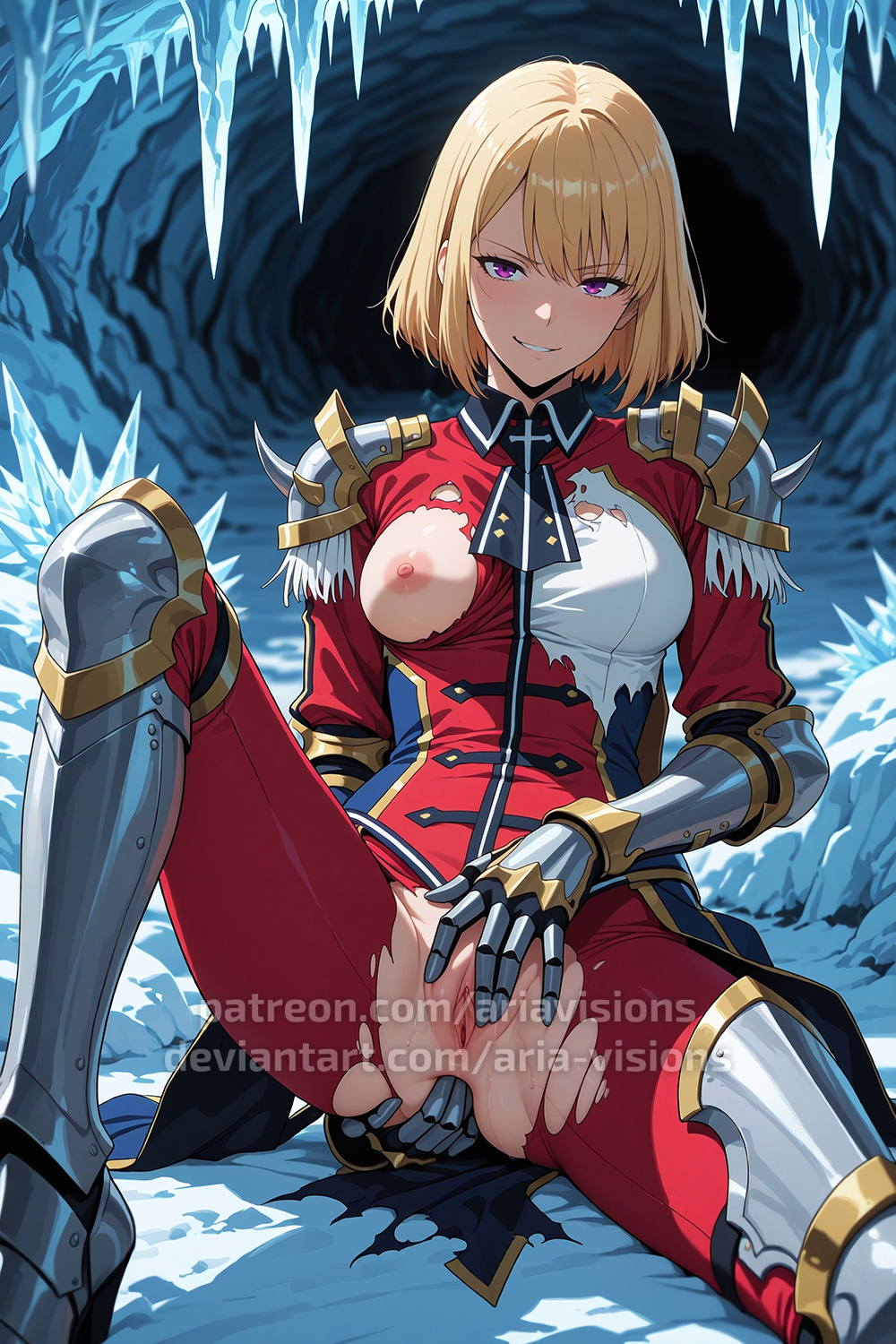 ai generated, ariavisions, blonde hair, breasts, cha hae in, evil grin, female, fingering ass, fingering pussy, knight armor, one breast out, pink eyes, pussy, short hair, solo leveling, torn clothes