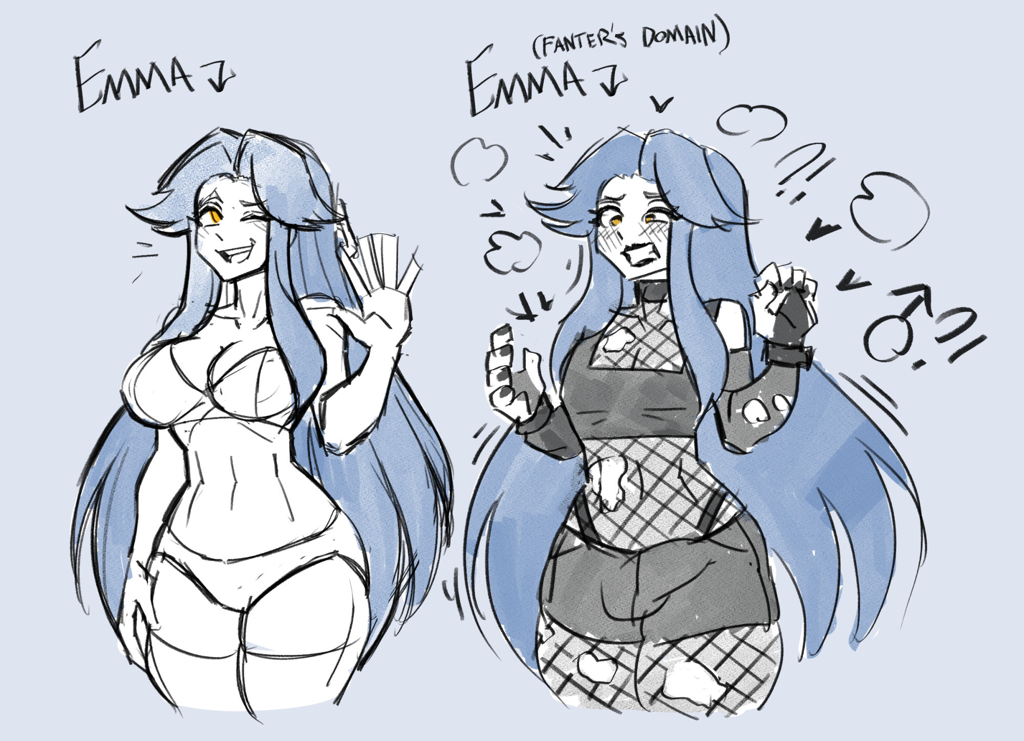 1boy, 1girls, black nails, blue hair, blush, bra, city of secrets, clenched teeth, clothed, clothing, emma (city of secrets), english text, fanterfane, female, female to futa, femboy, fishnets, ftm transformation, fully clothed, futanari, intersex, long hair, looking at viewer, male, mostly nude, navel, one eye closed, open mouth, orange eyes, panties, rule 63, text, thighhighs, tongue, transformation, white bra, white panties, white thighhighs, wink, winking at viewer