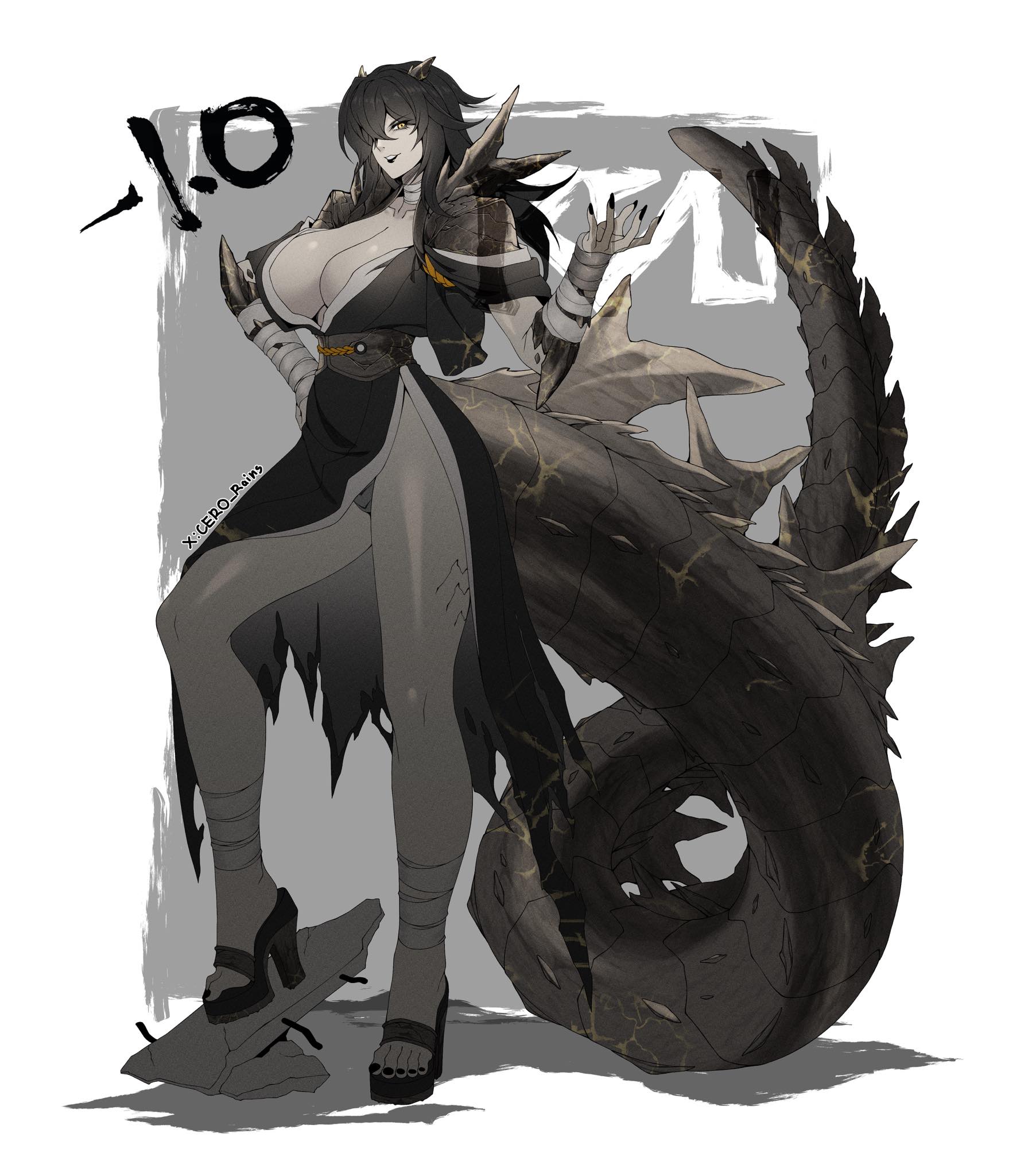 1girls, alluring, bandage, bandaged arm, bandaged neck, bandages, beautiful, beautiful girl, big breasts, big tail, black fingernails, black hair, black heels, black kimono, black lipstick, black toenails, breasts, cero rains, cleavage, curvaceous, curvaceous female, curvaceous figure, curvy, curvy body, curvy female, curvy figure, curvy hips, dark hair, elbow spikes, female, female focus, female monster, female only, fingernail polish, fingernails, gijinka, gijinkafied, godzilla, godzilla (series), godzilla minus one, golden eyes, gorgeous, gothic, heel boots, heels, hot, huge breasts, humanization, humanized, humanoid, japanese clothes, japanese clothing, japanese female, kaiju, kaiju girl, kimono, lips, lipstick, long hair, massive breasts, monster, monster girl, nail polish, nails, nails painted, pale skin, pale-skinned female, pose, posing, posing for the viewer, pretty, rule 63, scales, sexy, sexy body, smile, smiling at partner, smiling at viewer, smiling female, spikes, survivor, tattered clothes, tattered clothing, thick thighs, thighs, toenail polish, toenails, toenails polish, toho, toho (film company), voluptuous, voluptuous female, woman, woman only, yellow eyes
