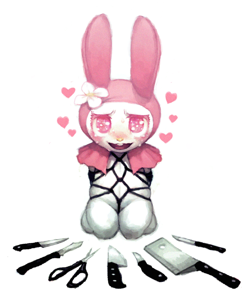 animal_ears bondage cleaver crookedtrees female flower hat heart kneeling knife lagomorph my_melody onegai_my_melody open_mouth rabbit_ears sadism sanrio scalpel scissors smile solo tagme tears