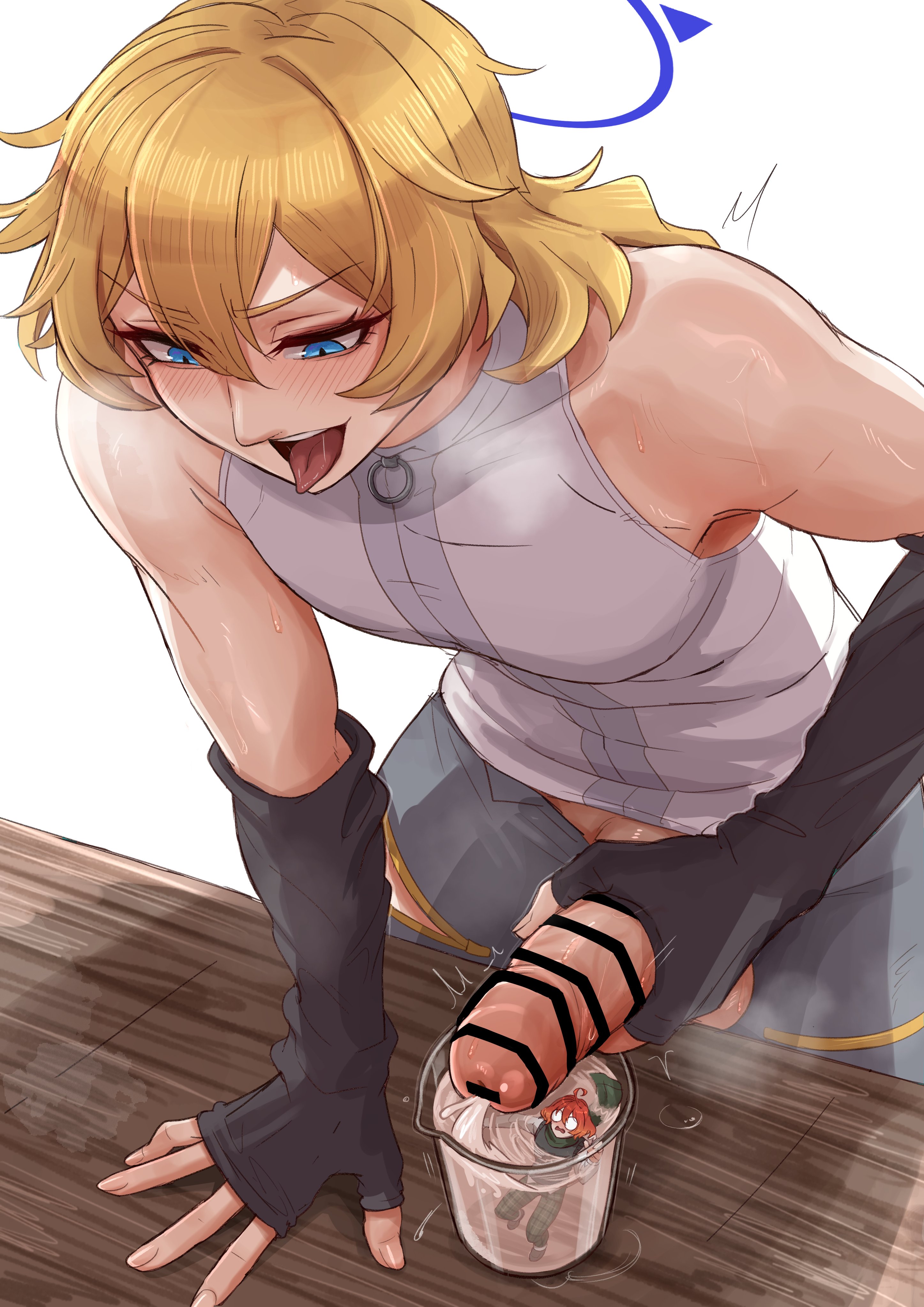 2boys, balls, bar censor, beaker, blonde hair, blue eyes, blush, censored, commission, cum, cum jar, ejaculation, femboy, fingerless gloves, giant, giant femboy, giant male, girly, halo, leo (ban hammer), licking lips, macro, male, male masturbation, masturbation, micro, monowe, original character, pale in comparison, penis, red hair, shrunken, shrunken male, size difference, skeb commission, sleeveless shirt, steam, testicles, trap, unzipped, yaoi, zach (ban hammer)