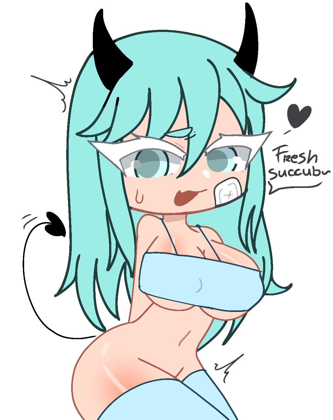 bandaid on face, black horns, black tail, bra, cute, cyan clothing, cyan eyes, cyan hair, demon, demon girl, emoji, english text, gacha, gacha club, gacha life, horns, looking away, meow shady2, no panties, one girl, shy, spaded tail, succubus, sweat, text, thighhighs, unconventional outfit, white background, white eyelashes, white skinned female