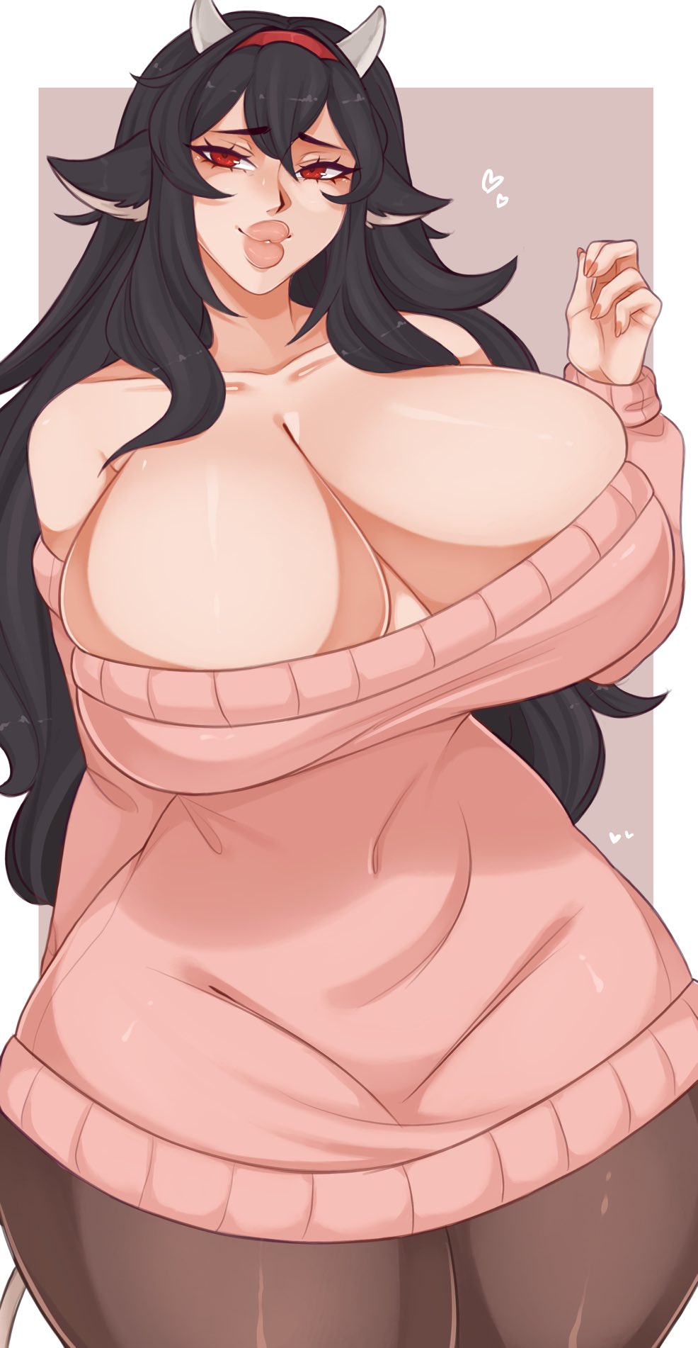 1girls, animal ears, bare shoulders, big breasts, black hair, breasts, cleavage, cow ears, cow girl, cow horns, eyelashes, female, female focus, female only, hairband, hi res, horns, huge breasts, large breasts, light skin, light-skinned female, lips, long hair, looking at viewer, naomi (jampulse), original, pantyhose, red eyes, smiling, smiling at viewer, solo, spookiebuni, sweater, thick lips, thick thighs, wide hips