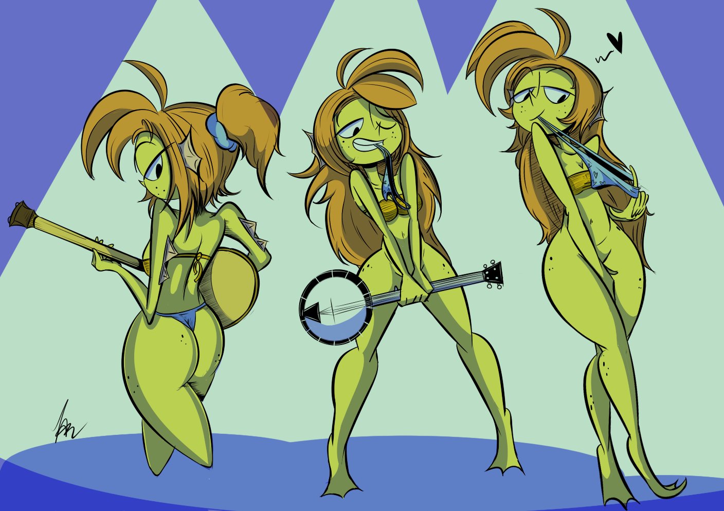 aroused, banjo (instrument), bottomless, casual, clothing, convenient censorship, female, herny, jasinator, monster girl, priscilla anchorstream, striptease, tank top
