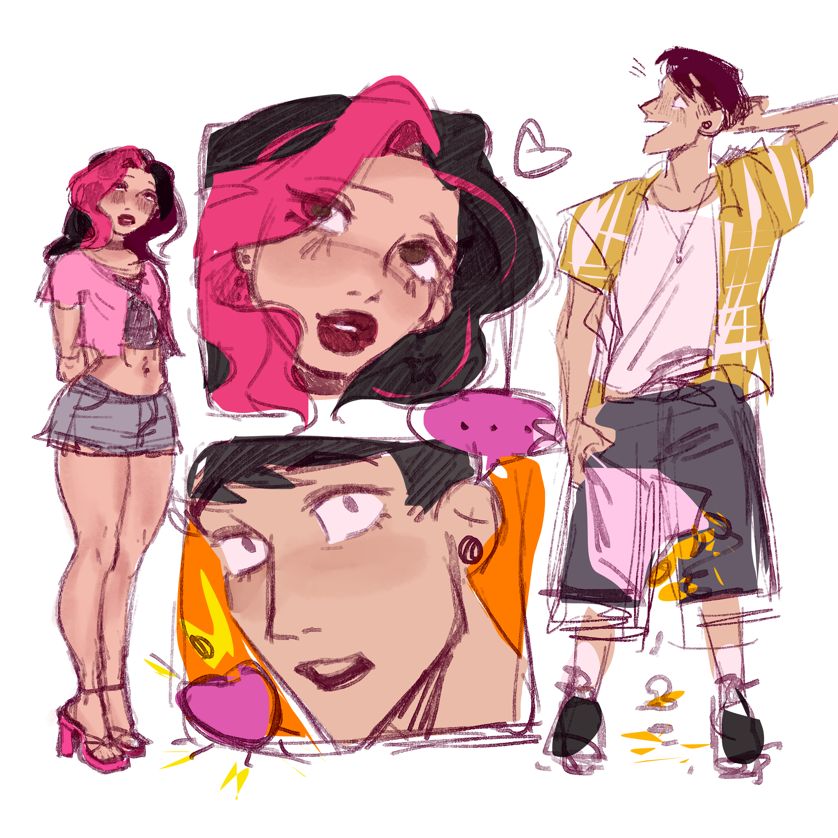 2boys, blush, choker, crossdressing, femboy, guy hamdon, heels, human, long hair, makeup, male, maz kepler, pink hair, sfw, shezow, shezow (character), shirt, short shorts, superhero, vecke12, wide hips