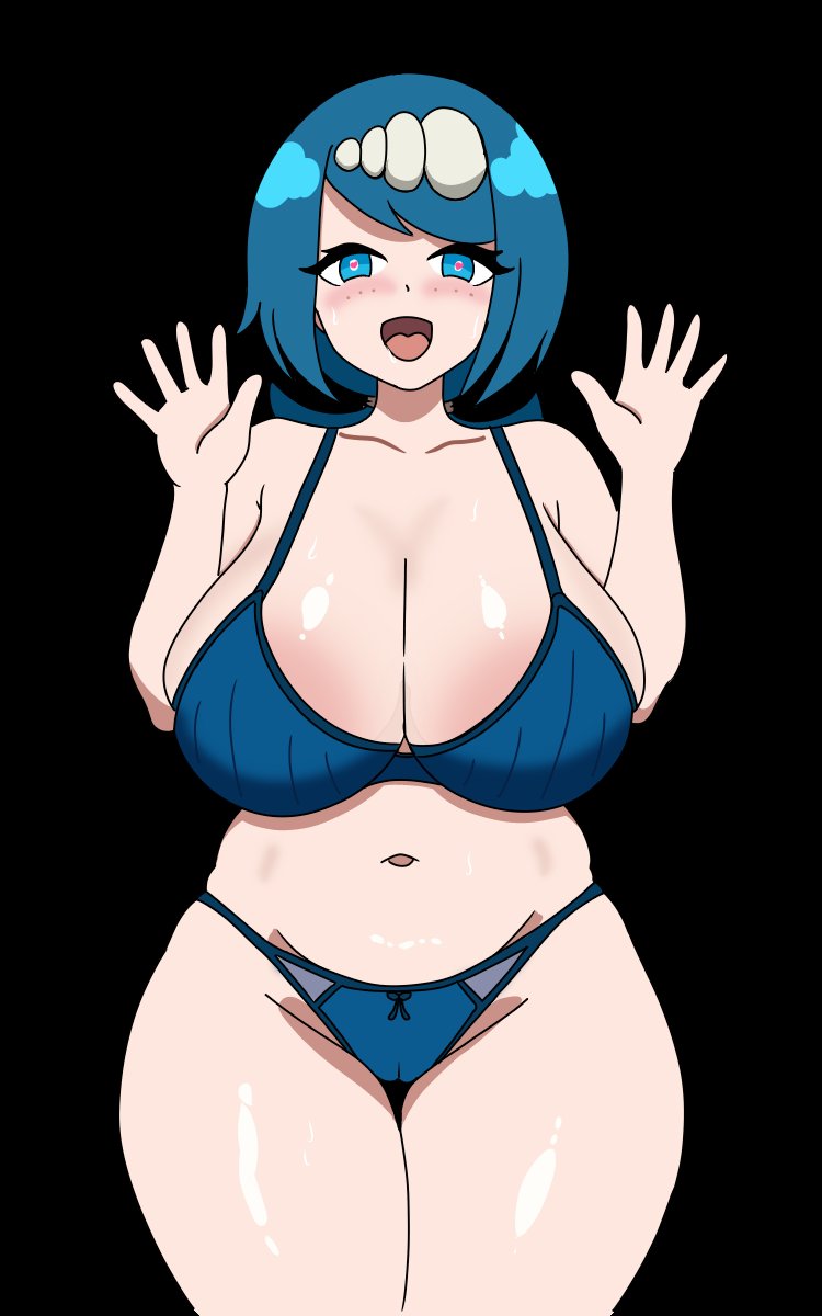 big breasts, big thighs, bikini, blue hair, breasts, female, lana's mother (pokemon), mr.brightside, open mouth, pokemon, short hair, simple background