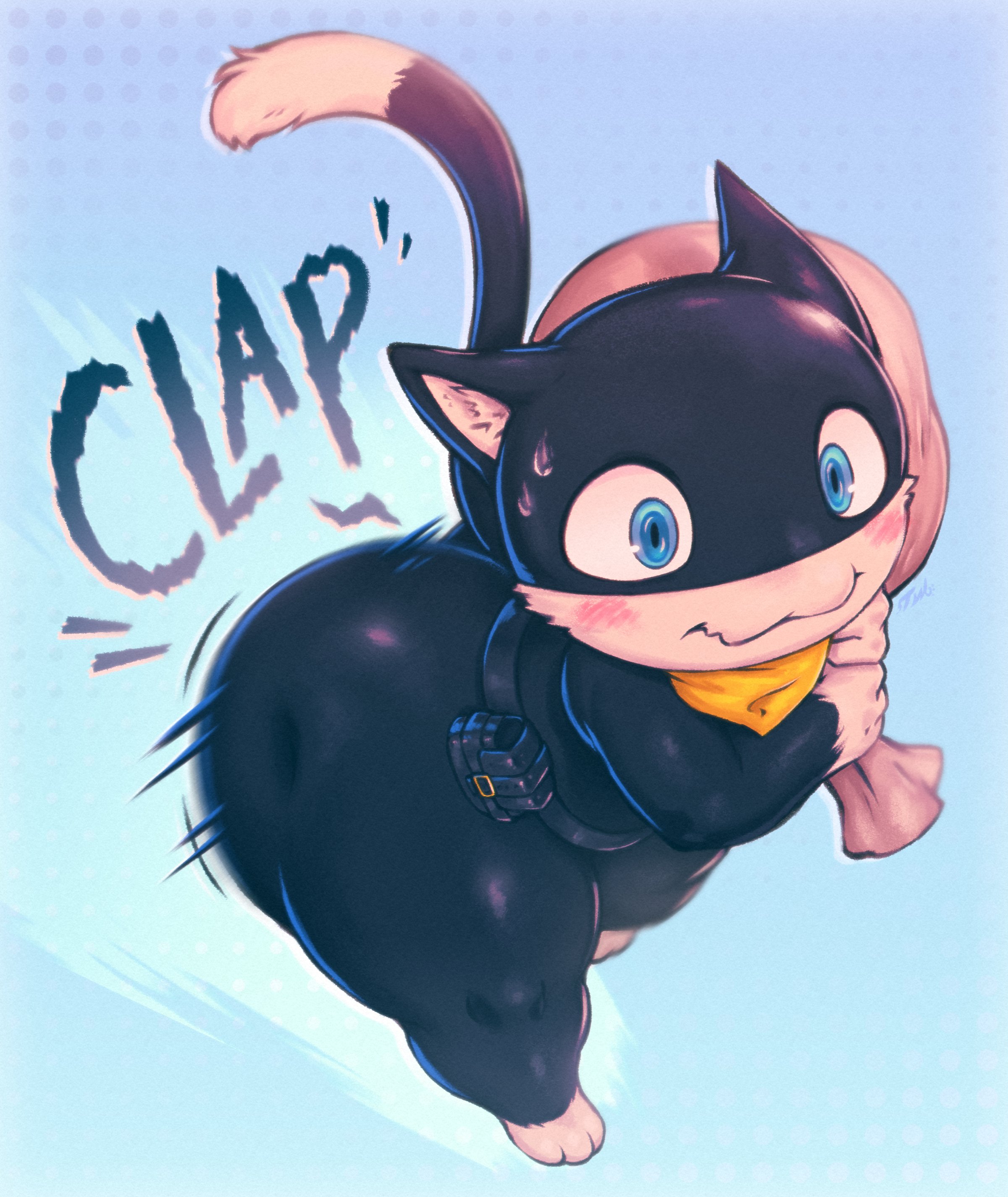 1boy, anthro, ass, bandana, big ass, big butt, bitfly, blue eyes, clapping ass, clapping buttocks, eyebrows, feline, grinning, male, male only, male shortstack, mask, morgana (persona), paws, persona, persona 5, shortstack, smiling