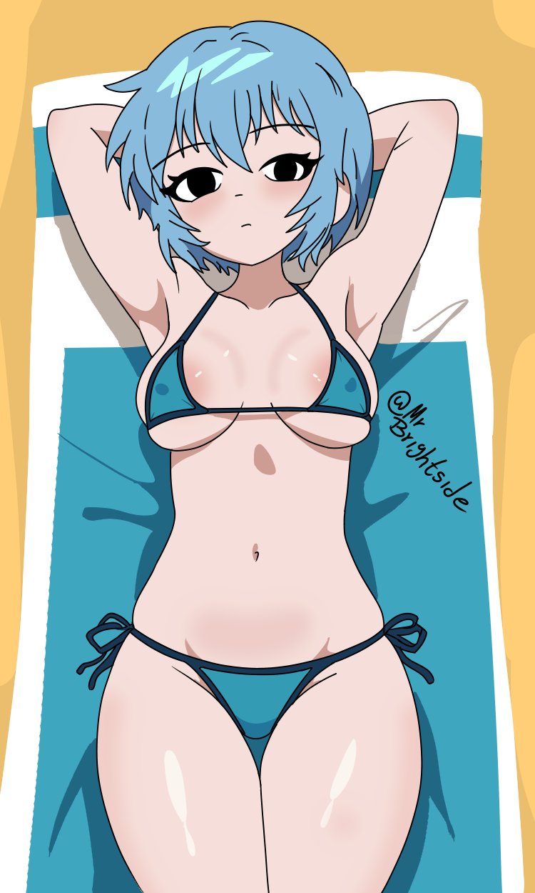 beach, big breasts, bikini, blue hair, breasts, female, female focus, female only, hand on head, looking at viewer, mr.brightside, neon genesis evangelion, rei ayanami, short hair, skin tight, skinny