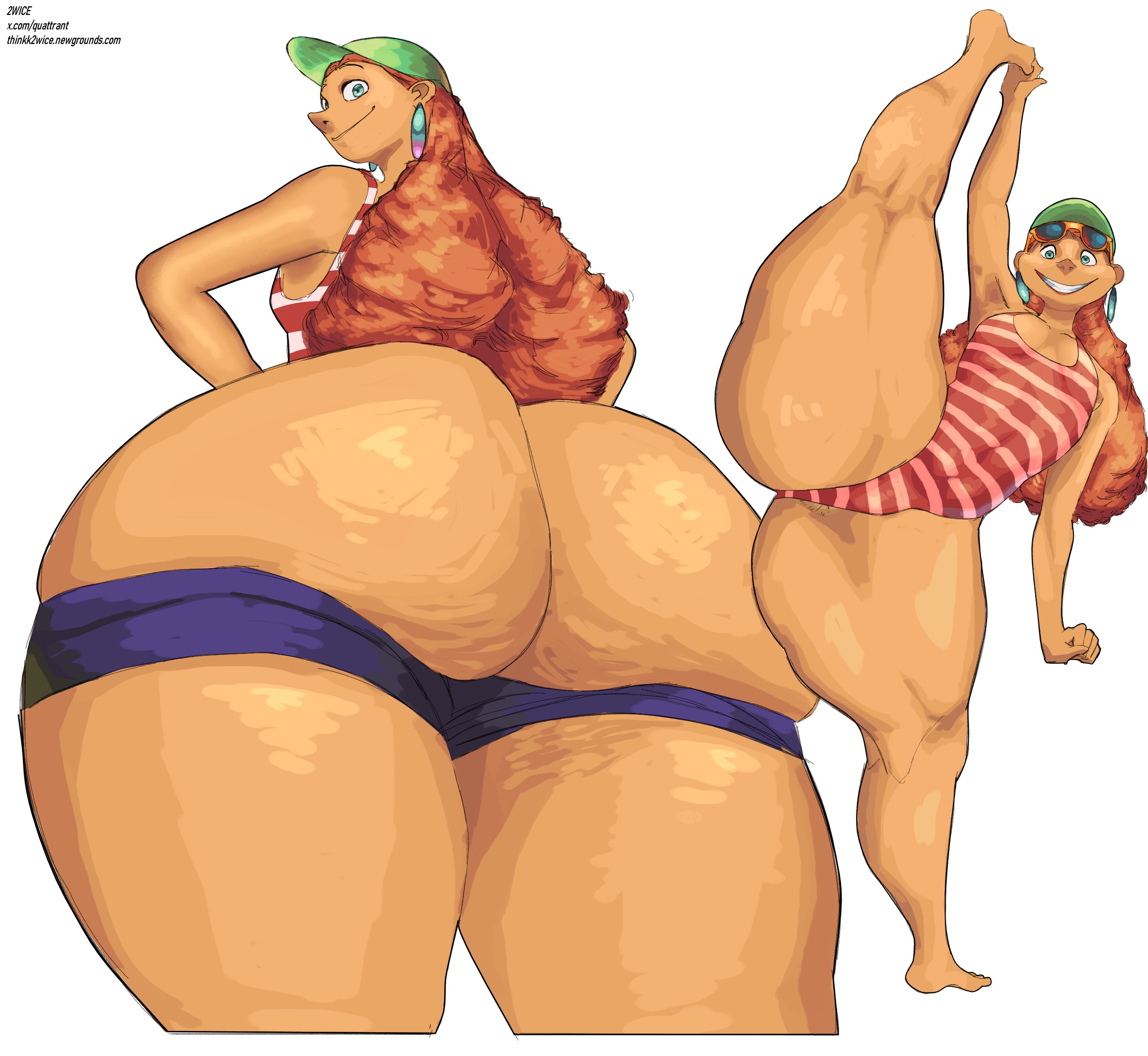 1girls, anus, ass, big anus, bikini, bikini over anus, bottom heavy, bottom heavy female, female, flat chest, hat, huge anus, huge ass, inner workings, kate (inner workings), long hair, one-piece swimsuit, puffy anus, quattrant, red hair, simple background, smile, standing on one leg, standing split, swimsuit over anus, white background, wide hips