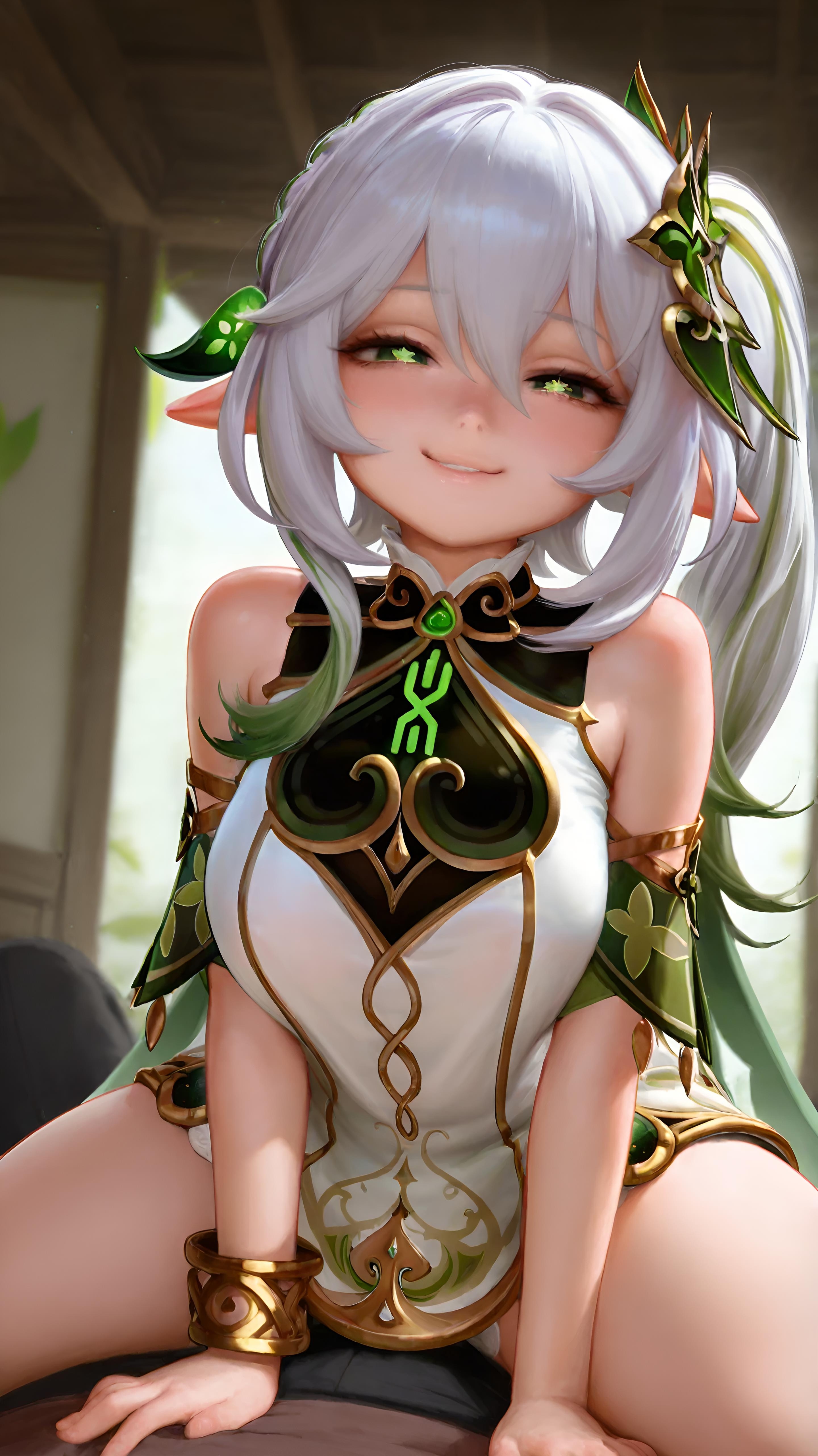 ai generated, big breasts, breasts, clothed, cowgirl position, female, female focus, genshin impact, indoors, looking at viewer, nahida (genshin impact), naughty face, pointy ears, pov, smile, straddling, thick thighs, thighs, trugprz