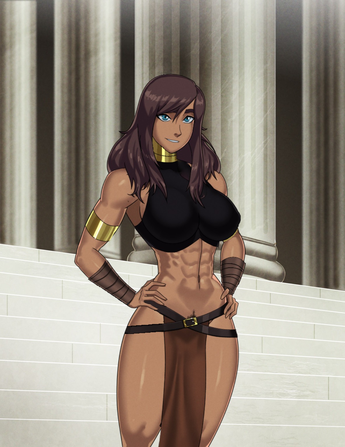 amazon, blue eyes, brown hair, edited, fanart, female, korra, loincloth, navel, pallas, pelvic curtain, pubic hair, something unlimited, sunsetriders7, the legend of korra, themyscira