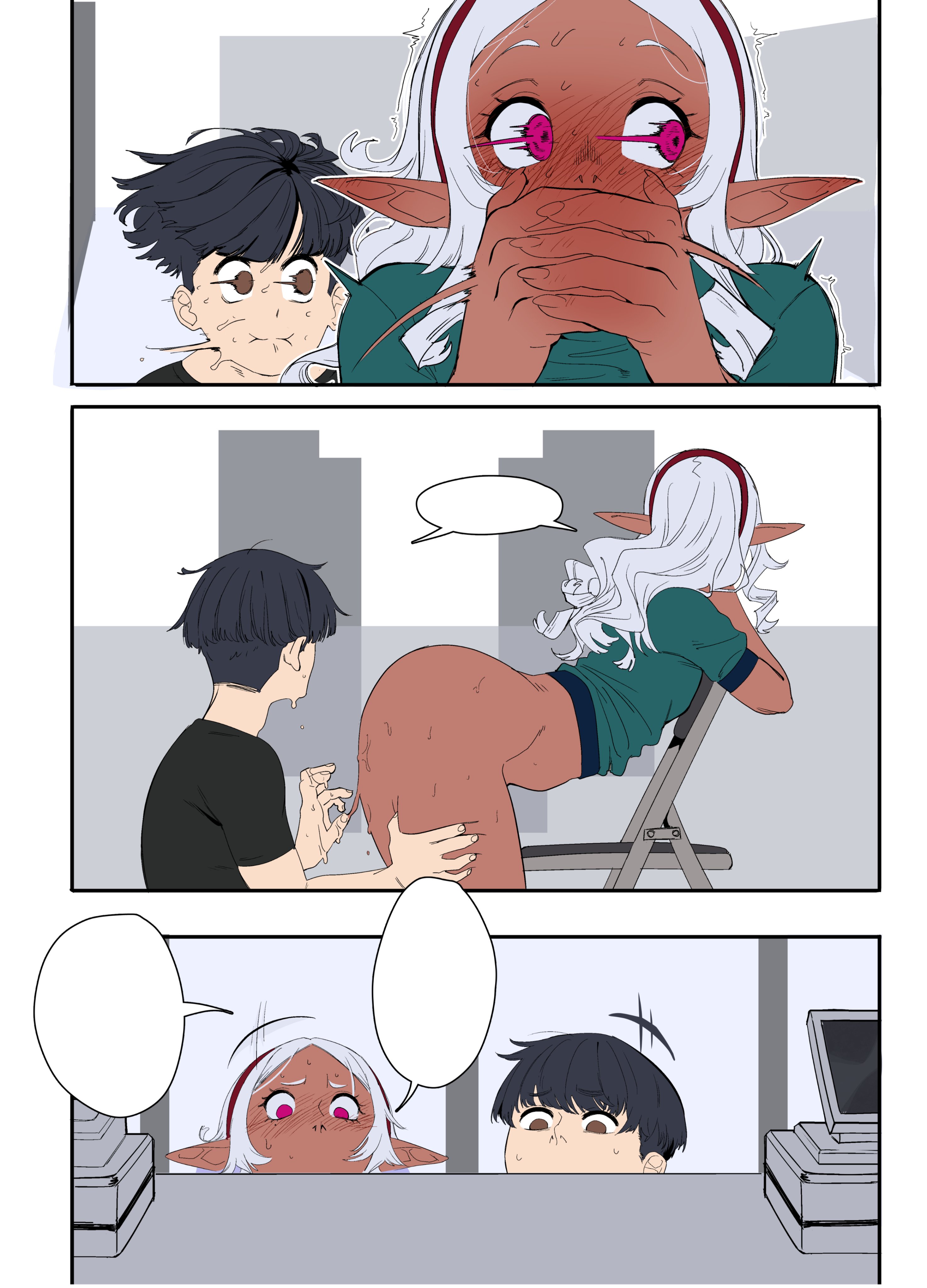 ass, big ass, big butt, bubble ass, bubble butt, comic, comic page, dark elf, dark skin, dark-skinned female, elf ears, elf female, elf-san wa yaserarenai, female, female focus, grey hair, kuroeda, naoe tomoatsu, pointy ears, silver hair, void dot exe