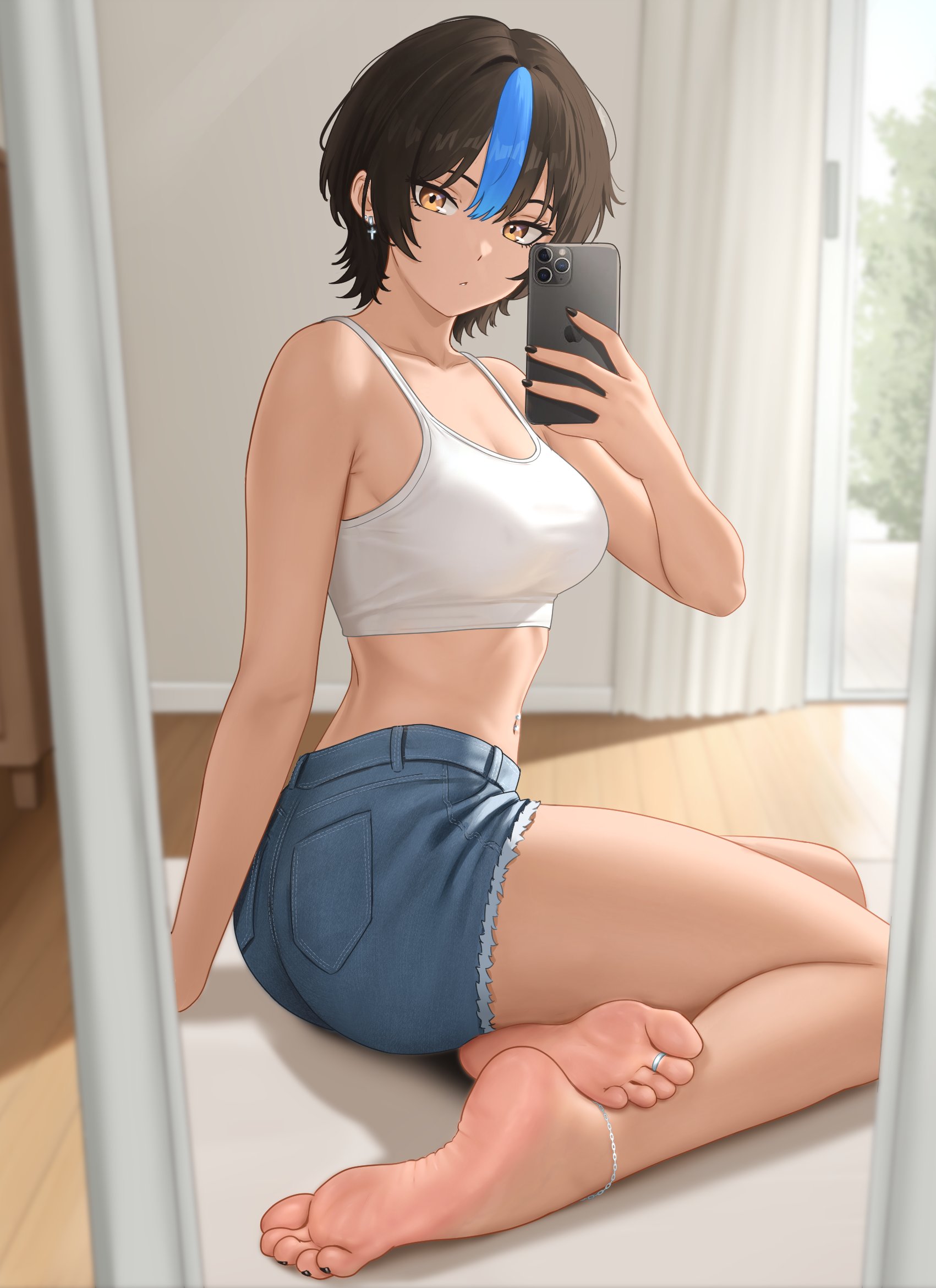 1girls, ankle bracelet, ankle bracelets, anklet, athletic, athletic body, athletic female, bare shoulders, barefoot, belly, belly button, belly button piercing, black hair, black nail polish, black nails, black polish, black toenail polish, black toenails, blue tuft, brown hair, crop top, croptop, feet, feet fetish, female, female only, female torso, foot fetish, jeans shorts, meaty feet, meaty soles, mirror, mirror selfie, navel, navel cutout, navel line, navel outline, nihu, original, original character, phone, piercing, ribcage, ribs, shiragi (nihu), short hair, shorts, sitting, sitting down, sitting on floor, skindentation, smartphone, soles, soles female, soles fetish, toe ring, toes, tomboy, veins, veins on feet, white crop top