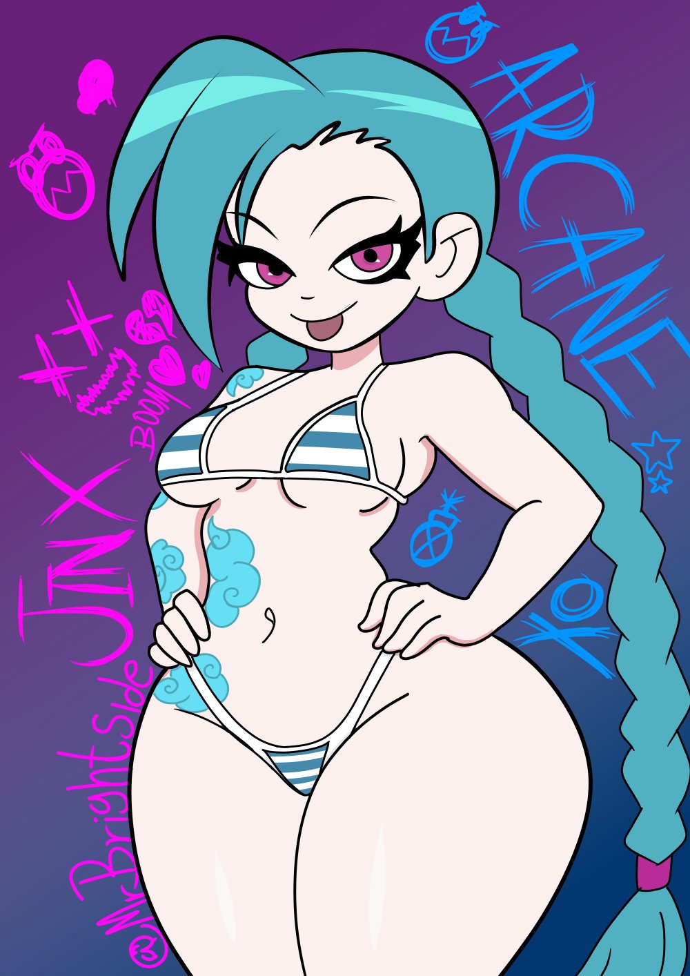 big breasts, big thighs, big titties, bikini, blue hair, breasts, female, jinx (league of legends), league of legends, mr.brightside, ponytail, purple eyes, riot games, tattoo