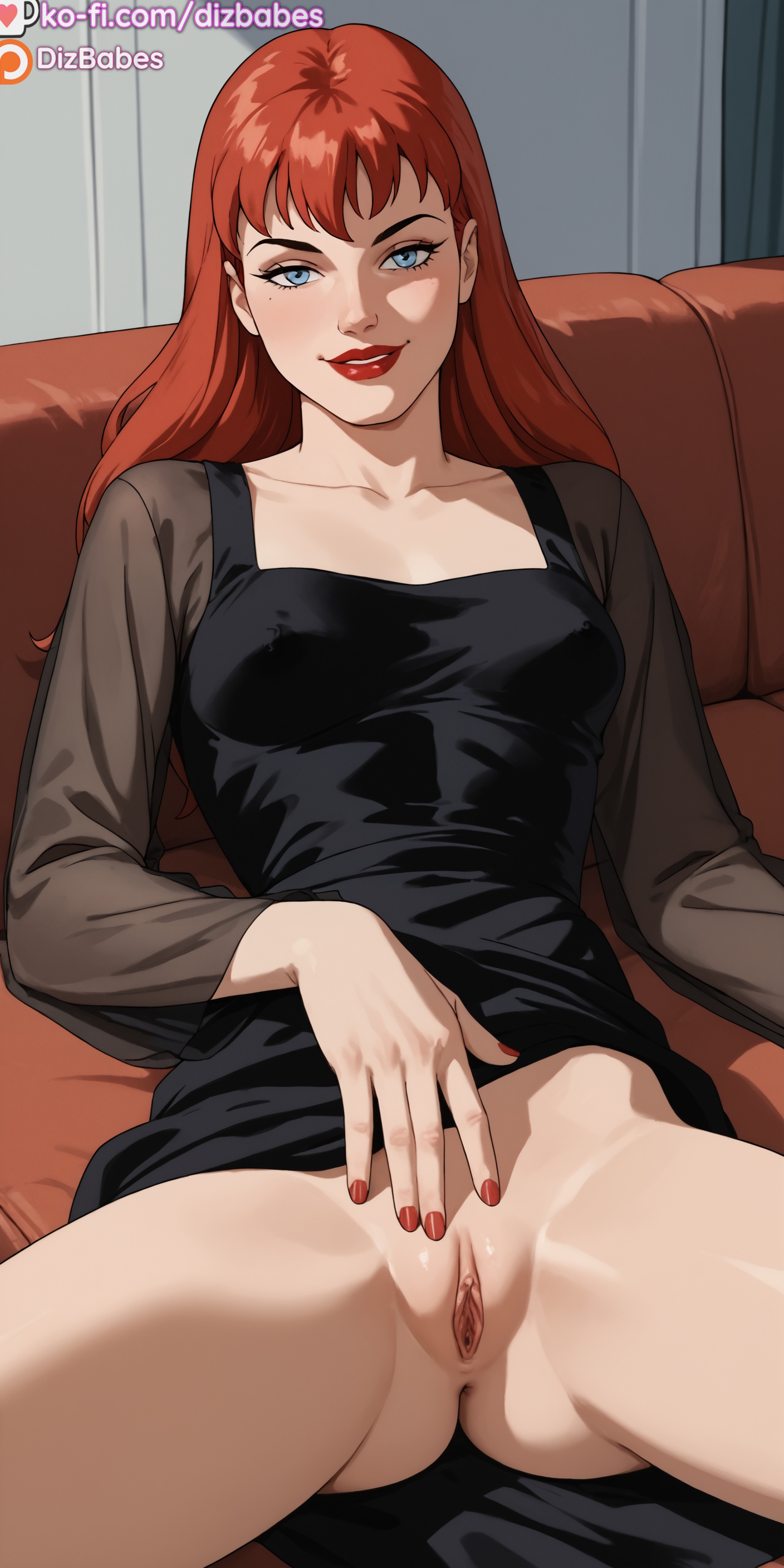 1girls, ai generated, black dress, blue eyes, bottomless, couch, dizbabes, dress, female, female only, lipstick, long sleeves, looking at viewer, marvel, marvel comics, mary jane watson, mary jane watson (spider-man: the animated series), nail polish, pussy, red hair, red lipstick, see-through sleeves, showing pussy, smile, solo female, spider-man (series), spider-man: the animated series, spread legs, stable diffusion