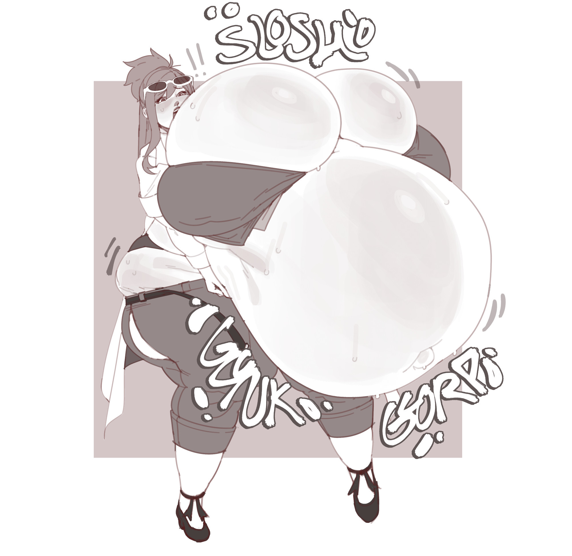 ass, ass expansion, belly expansion, breast expansion, breast growth, breast growth (enlargement), breasts, ema skye, fat, fat belly, fat female, female, gyakuten saiban, huge ass, huge belly, huge breasts, kafekafei, obese, obese female, onomatopoeia, sweat, tight clothing, weight gain
