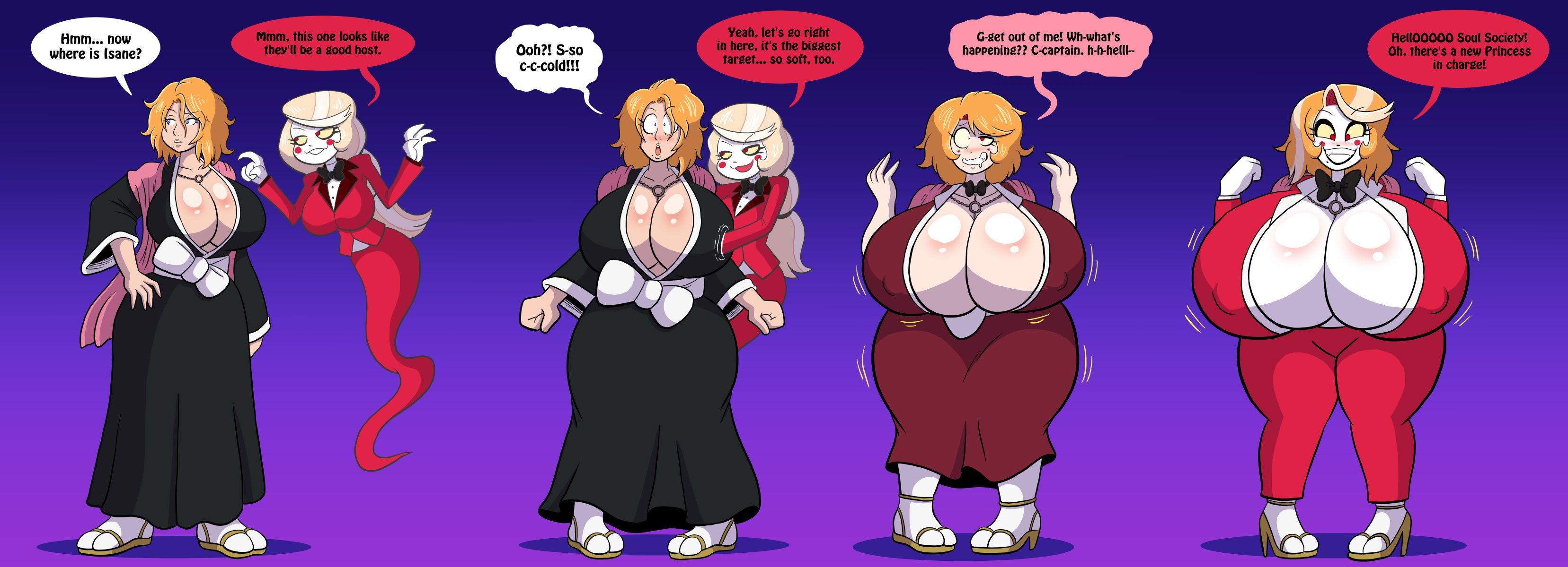 2girls, ass, bleach, bowtie, breast expansion, breast growth, breast growth (enlargement), breasts, charlie morningstar (hazbin hotel), clothing transformation, crossover, eastern and western character, female, fusion, grepstrash, hazbin hotel, high heels, huge ass, huge breasts, identity death, massive breasts, matsumoto rangiku, possessed, possession, prinnydood, red clothing, text, text bubble, transformation, transformation sequence