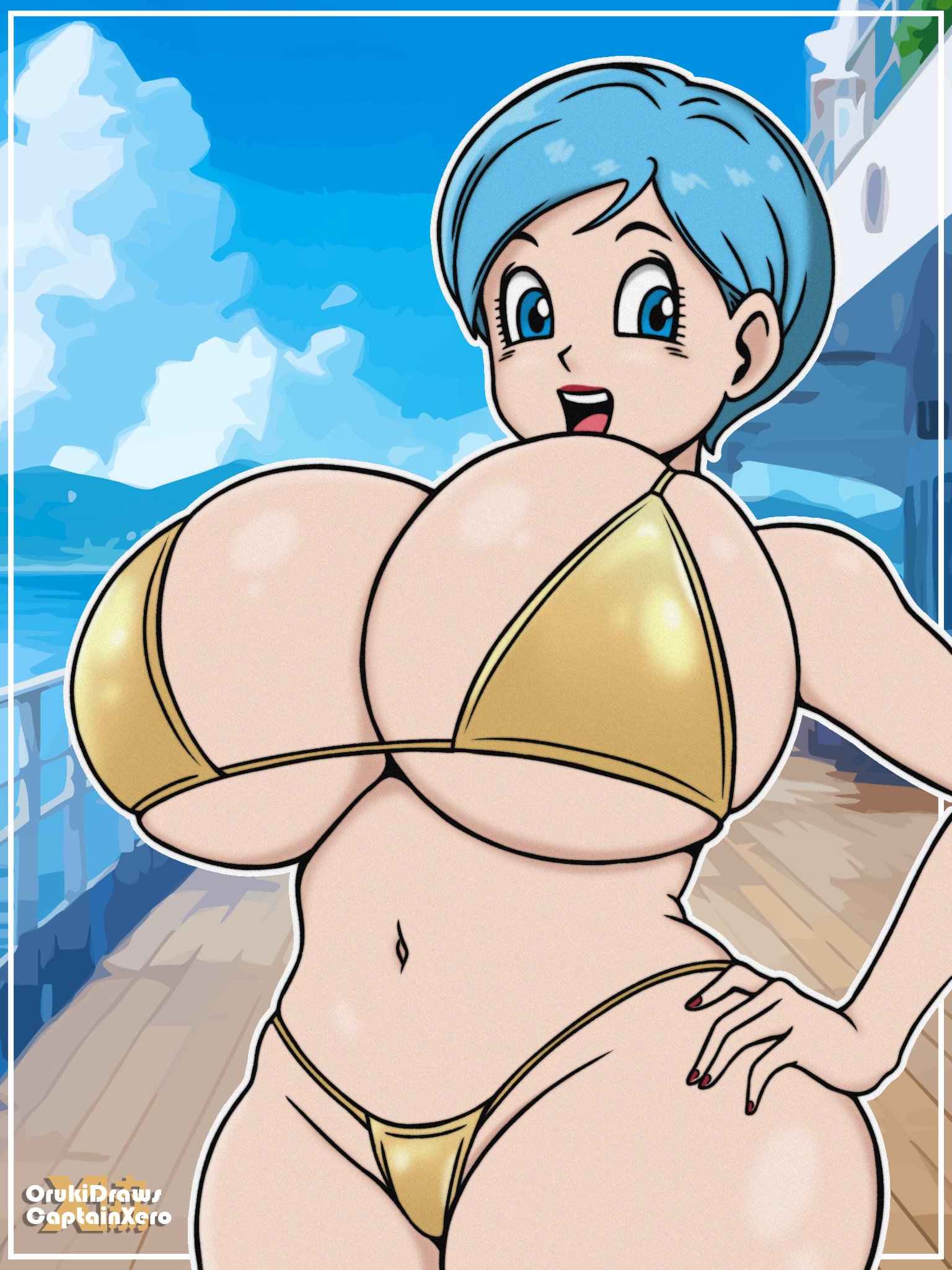 1girls, 2025, 2d, 2d (artwork), 2d artwork, barely contained breasts, big breasts, big thighs, blue eyes, blue hair, breast focus, breasts, bulma briefs, captainxero, cloud, clouds, cruise ship, dragon ball, dragon ball super, dragon ball z, eyelashes, female, female only, gigantic breasts, gigantic thighs, glistening, glistening body, golden bikini, golden week, hand on hip, huge breasts, huge thighs, large breasts, large thighs, light skin, light-skinned female, looking at viewer, looking pleasured, mouth, mouth open, orukidraws, pale skin, pale-skinned female, red lips, red lipstick, red nail polish, red nails, shiny ass, shiny breasts, shiny butt, shiny hair, shiny skin, short hair, smile, smiling, smiling at viewer, solo, solo female, solo focus, teeth, teeth showing, teeth visible, thick thighs, thighs