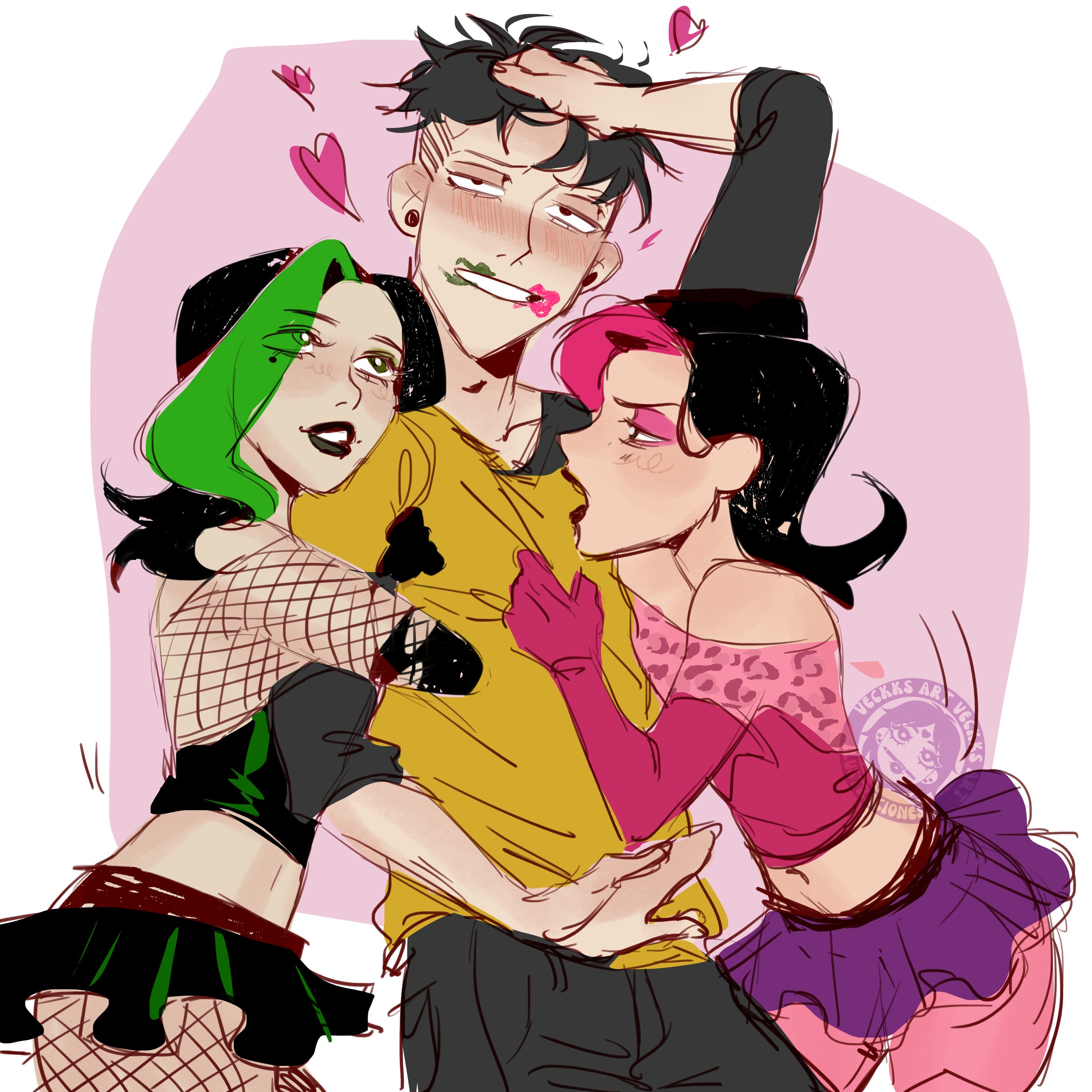 3boys, blouse, blush, crossdressing, femboy, fishnets, gloves, goth, goth femboy, guy hamdon, lipstick, lipstick mark, makeup, male, maz kepler, miniskirt, rainbow party, sfw, shezap, shezow, shezow (character), skirt, tights, vecke12