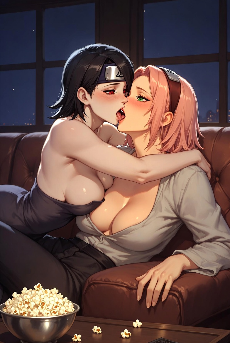 2025, 2d, 2girls, ai generated, aistuffo, big breasts, black hair, blush, boruto: naruto next generations, breasts, cityscape, cleavage, clothing, daughter, desk, dress, female, female only, green eyes, headband, headgear, incest, kissing, laying, laying on breasts, long sleeves, mother, mother and daughter, naruto, naruto (series), pink hair, popcorn, red eyes, revealing clothes, sakura haruno, sarada uchiha, short hair, sitting, sofa, tongue, tongue kiss, tongue out, yuri