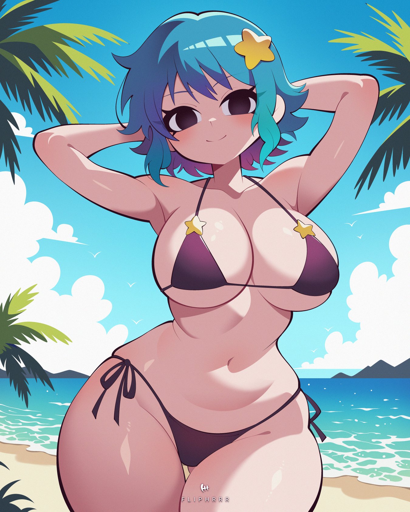 1girls, bikini, breasts, female, female focus, female only, flipherrrr, fliphrrr, large breasts, light skin, light-skinned female, looking at viewer, ramona flowers, scott pilgrim, solo, swimsuit, thick thighs, thighs, wide hips