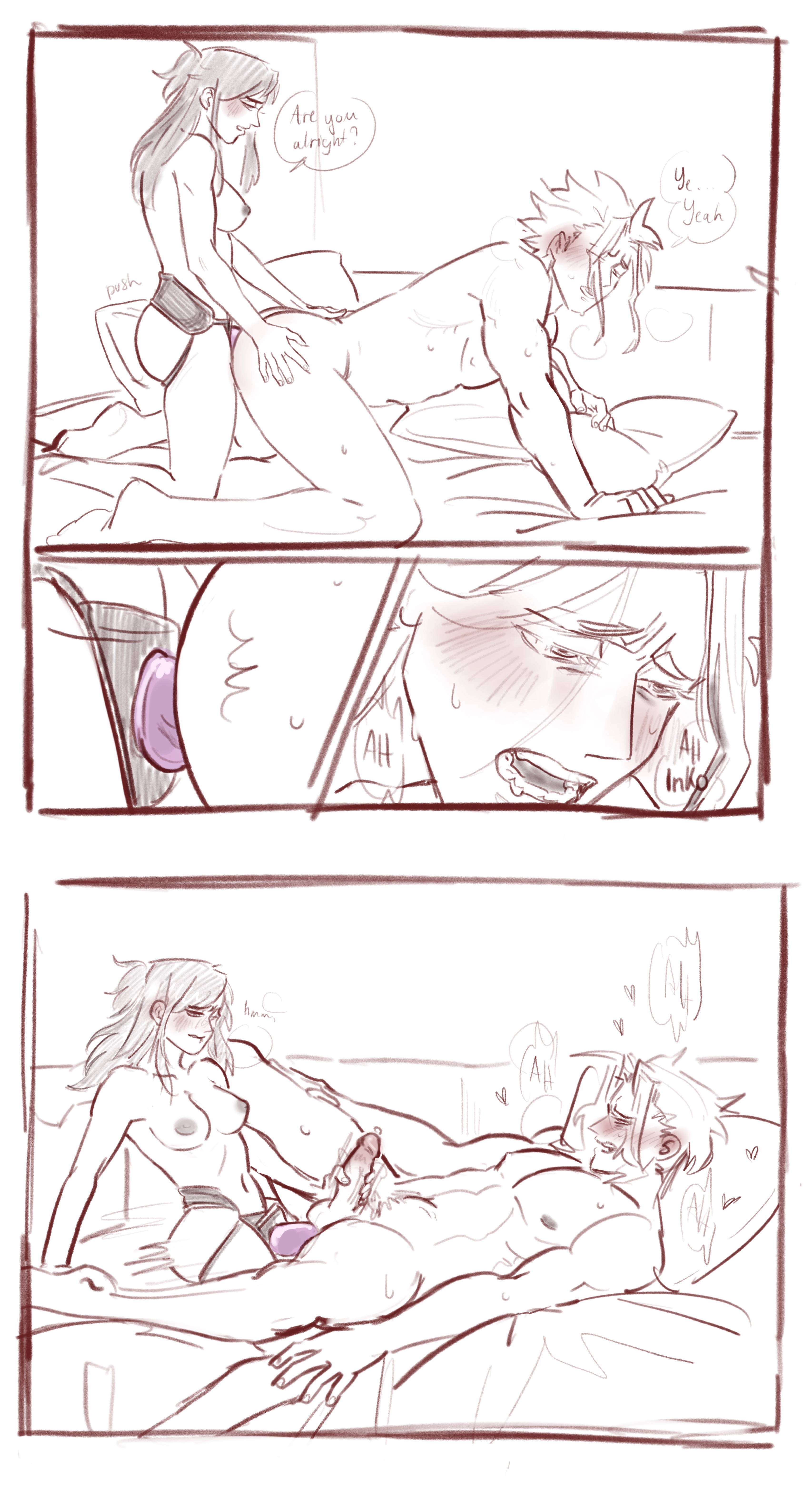 1boy, 1girls, all fours, all might, anal, anal sex, ass blush, big penis, biting lip, blush, boku no hero academia, breasts, close-up, closed eyes, comic, completely nude, dildo, ear blush, english text, female, female penetrating, female penetrating male, full-face blush, gay, gentle femdom, green hair, half-closed eyes, hand on thigh, handjob, handjob while penetrating, heart, highres, ijessbest, inko midoriya, kneeling, large penis, looking at another, looking at partner, male, male penetrated, male pubic hair, monochrome, motion lines, muscular, muscular male, my hero academia, nipples, nude, pegging, penis, penis grab, pubic hair, pubic hair peek, sex, size difference, strap-on, strapon, sweat, tied hair, toshinori yagi, white background