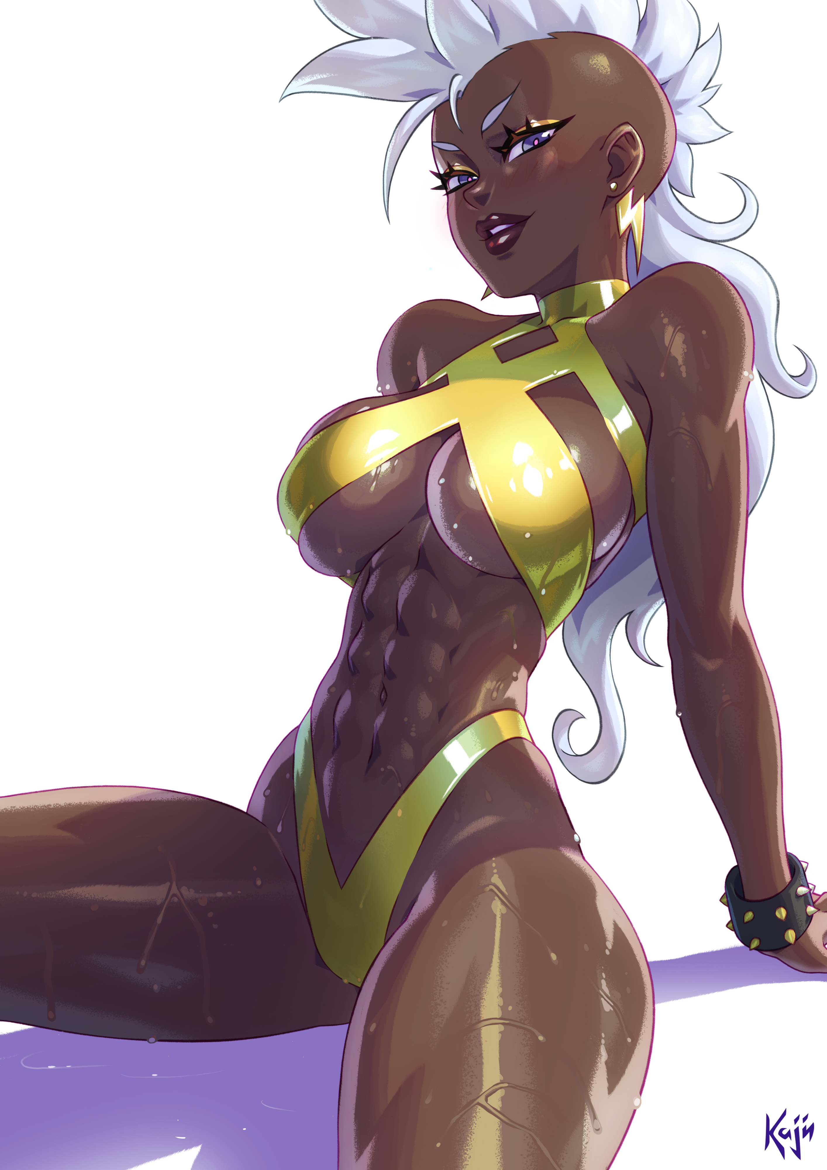 abs, bracelets, dark skin, dark-skinned female, earrings, female, kajinman, marvel, marvel comics, mohawk, sitting, storm (x-men), swimsuit, toned, toned female, wet skin, white hair, x-men 97