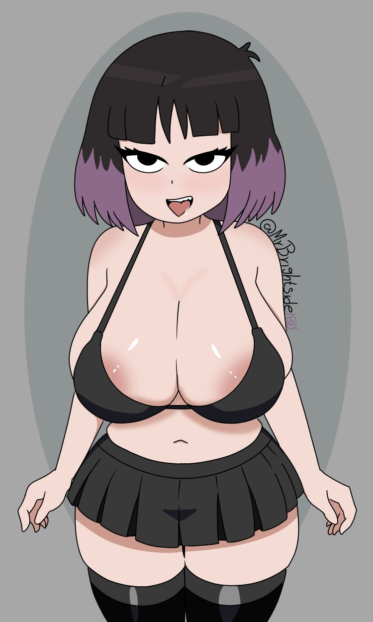 big breasts, big thighs, big titties, black clothing, black hair, breasts, dress, female, hilda (series), kaisa (hilda), looking at viewer, mr.brightside, open mouth, skirt, thigh highs, thighhighs