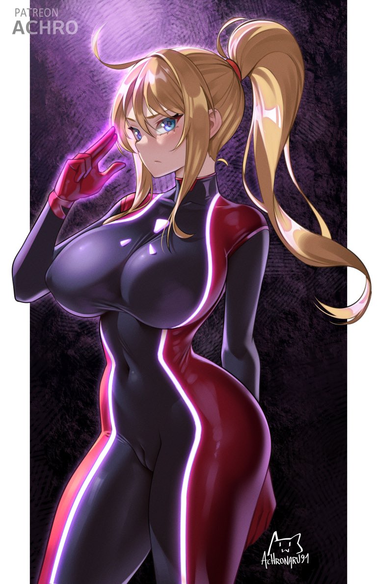 1girls, achromaru, blonde hair, blue eyes, bodysuit, breasts, cameltoe, female, female focus, female only, fully clothed, large breasts, light skin, light-skinned female, looking at viewer, metroid, pussy, pussy visible through clothes, samus aran, solo, thick thighs, thighs, tight clothing, wide hips, zero suit samus