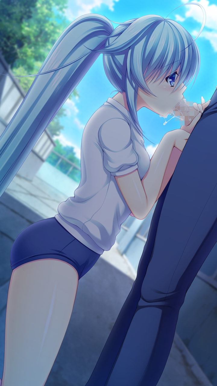 applique_(company) asami_asami azurite blue_eyes blue_hair blush censored female game_cg gym_uniform long_hair penis ponytail re:birth_colony tied_hair