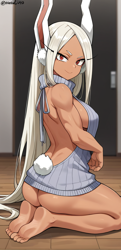 ai_generated aianonguy ass athletic_female barefoot bunny_ears bunny_girl bunny_tail female female_only kneeling looking_at_viewer miruko my_hero_academia on_knees red_eyes rumi_usagiyama solo_female stable_diffusion virgin_killer_sweater