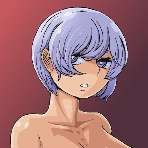 bust collarbone doekuramori female female_focus gradient_background hair_between_eyes martyr_(the_citadel) official_art open_mouth purple_eyes purple_hair red_background short_hair simple_background sole_female solo teeth the_citadel the_martyr topless upper_body