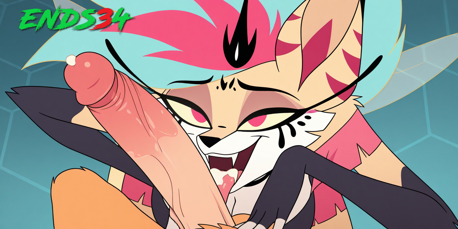 accurate art style, ai generated, blowjob, blowjob face, cum, cum in mouth, ends34, female, furry female, helluva boss, male, oral, oral sex, penis, queen bee-lzebub (helluva boss), shorts