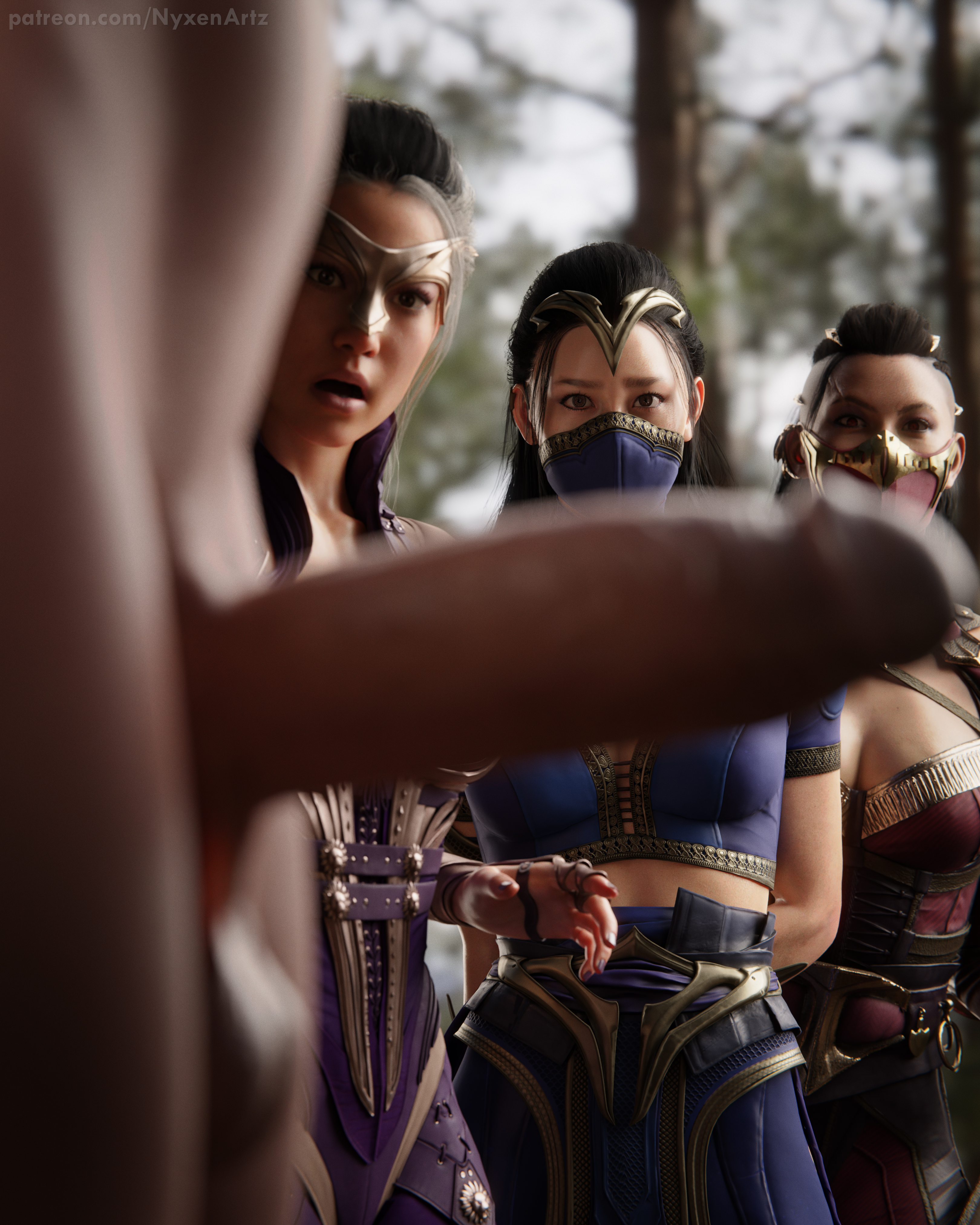 1boy, 3d, 3girls, completely naked, completely nude, female, kitana, kitana (new era), male, mileena, mileena (new era), mortal kombat, mortal kombat 1 (2023), naked, naked male, nude, nude male, nyxenartz, partial male, penis, sindel, sindel (new era)