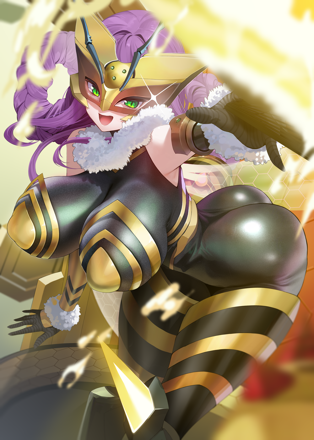 1girls 2024 ass bee_girl bent_over big_breasts digimon digimon_(species) female female_only green_eyes hi_res long_hair looking_at_viewer mask open_mouth purple_hair queenbeemon slit_pupils smiling smiling_at_viewer solo thick_butt xiujia_yihuizi