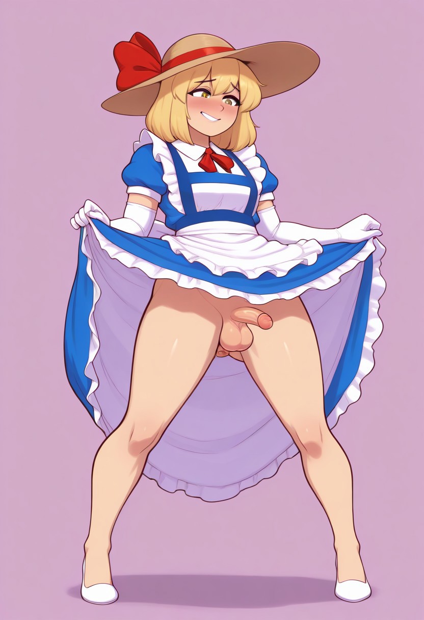 1futa 1girls ai_generated apron blue_dress blush elbow_gloves futanari kana_anaberal lifting_dress lifting_skirt ribbon short_sleeves small_penis smiling solo sun_hat touhou worried