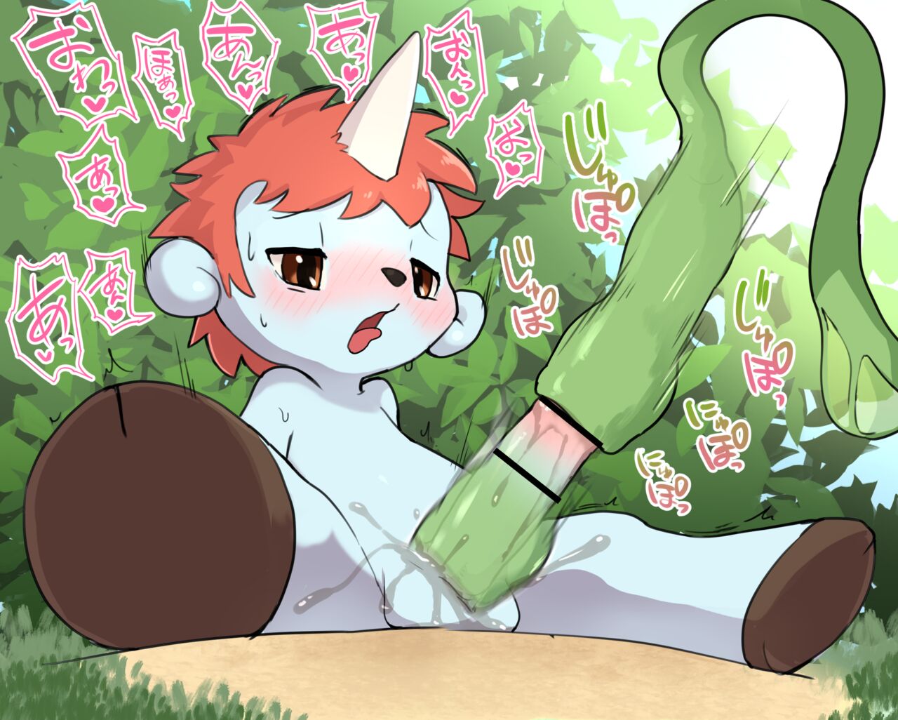 1boy 2025 blushing_male blushing_profusely cub deepthroat enjoying forest_background japanese_text letting_it_happen moaning_in_pleasure open_mouth plant saliva saliva_on_balls saliva_on_penis sucking_penis testicles