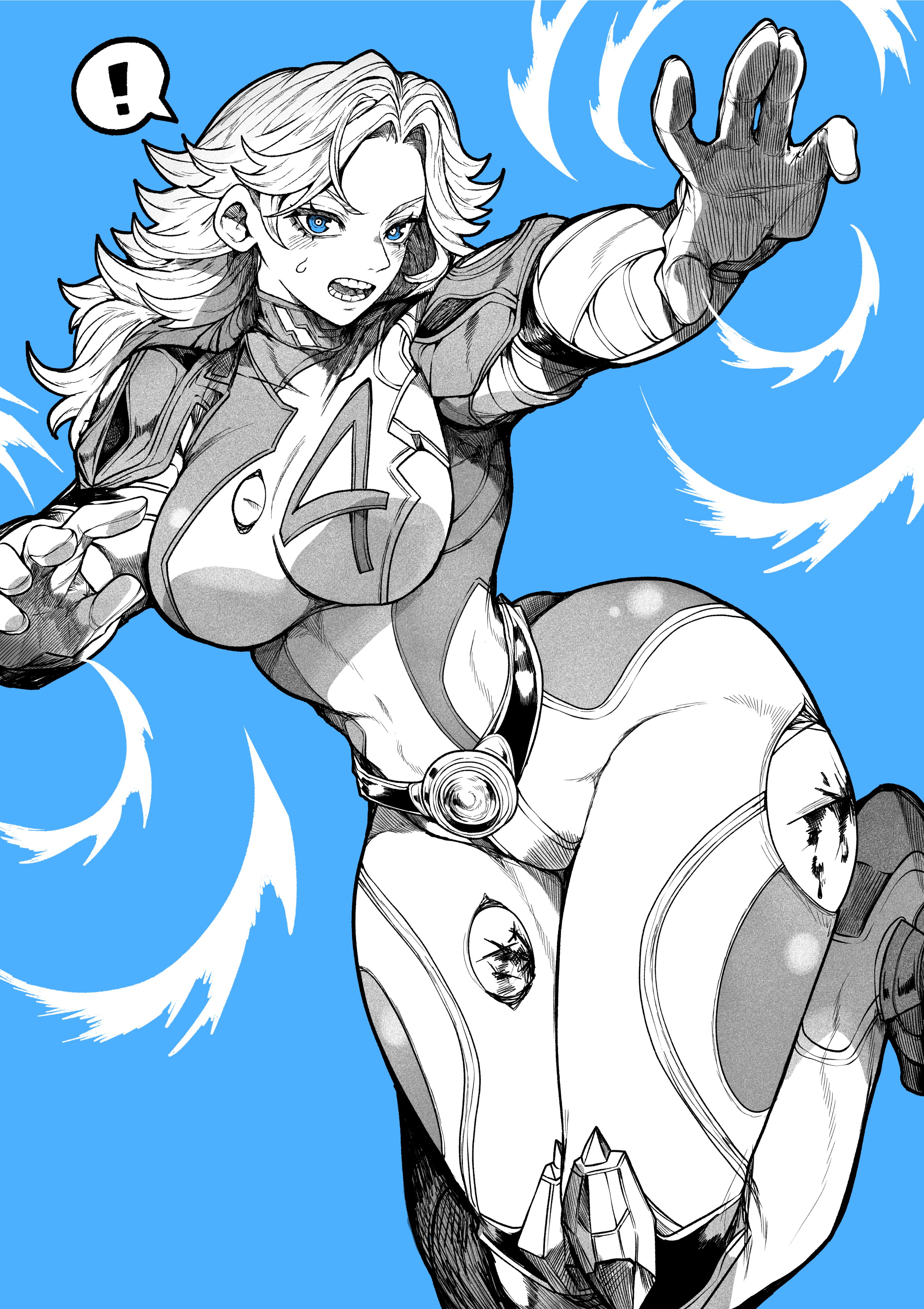 2d, big breasts, blonde hair, breasts, clothed, clothes, clothing, curvaceous, curvaceous body, curvaceous female, curvaceous figure, curvaceous hips, curvy, curvy body, curvy female, curvy figure, curvy hips, earrings, fantastic four, female, female focus, female only, invisible woman, invisible woman (marvel rivals), marvel, marvel comics, marvel rivals, monochrome, signature, speech bubble, sue richards, sue storm, text, yotsumi shiro