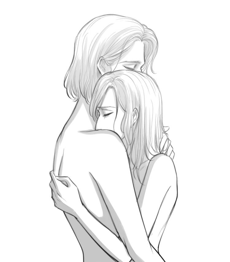 2girls annie_leonhardt arm_around_neck arm_around_partner attack_on_titan closed_eyes completely_nude embrace greyscale hand_on_another's_shoulder height_difference hitch_dreyse kuobi_meon lighting long_hair monochrome romantic romantic_couple shingeki_no_kyojin side_view white_background wholesome yuri