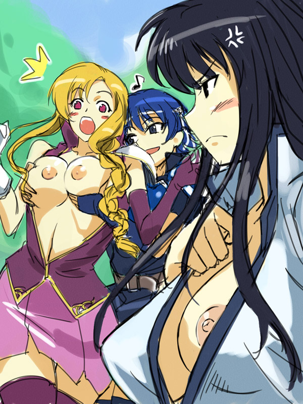 angry assisted_exposure black_eyes black_hair blonde_hair blue_eyes blue_hair breast_grab breasts farina_(fire_emblem) female fire_emblem fire_emblem:_the_blazing_blade karla_(fire_emblem) large_breasts louise_(fire_emblem) michael_f91 nipple_slip nipples red_eyes surprised yuri