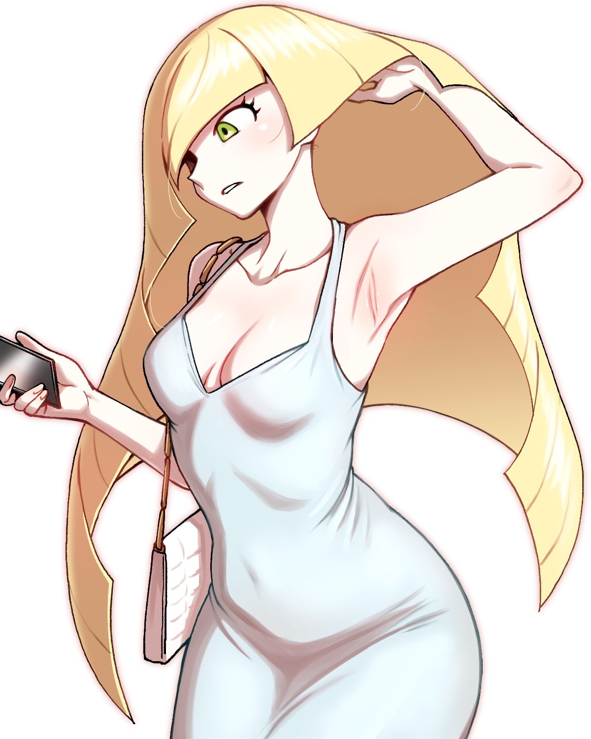 armpit armpits belly_button belly_button_visible_through_clothing breasts dress gooberman hips lusamine_(pokemon) mature_female milf older_female pokemon pokemon_sm small_breasts wide_hips