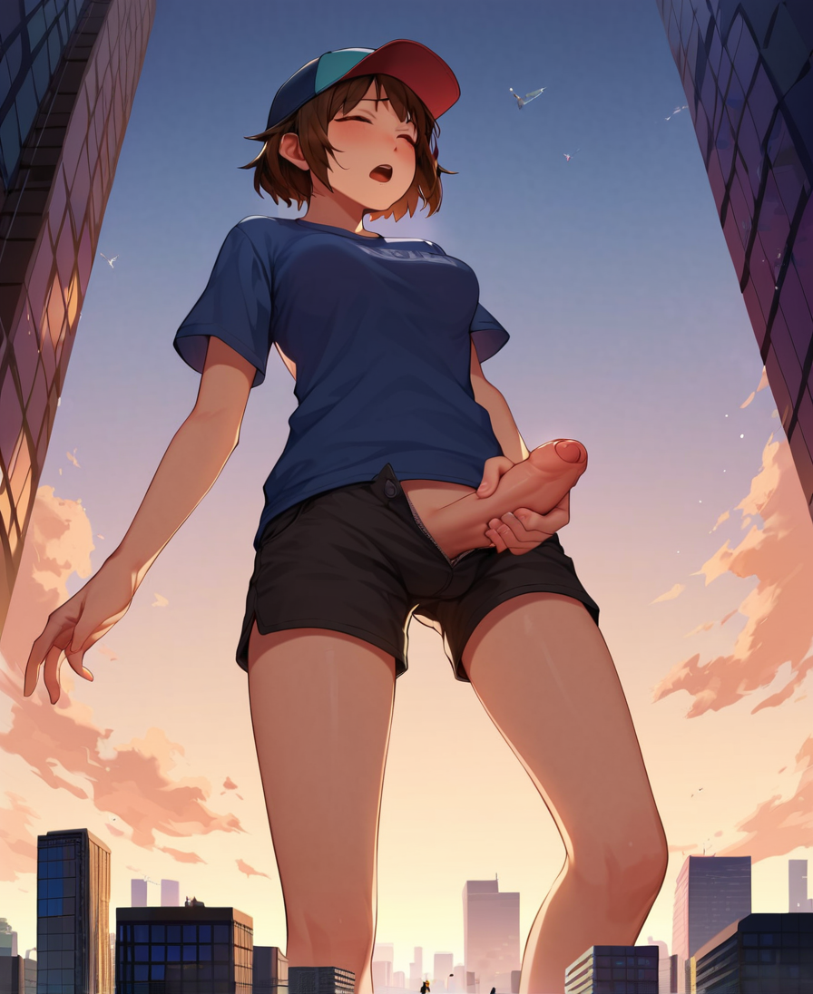 ai_generated baseball_cap big_penis bob_cut brown_hair city closed_eyes foreskin futa_only futadom futanari giantess holding_penis light-skinned_futanari light_skin low-angle_view masturbating masturbation moaning open_mouth shorts spalela t-shirt