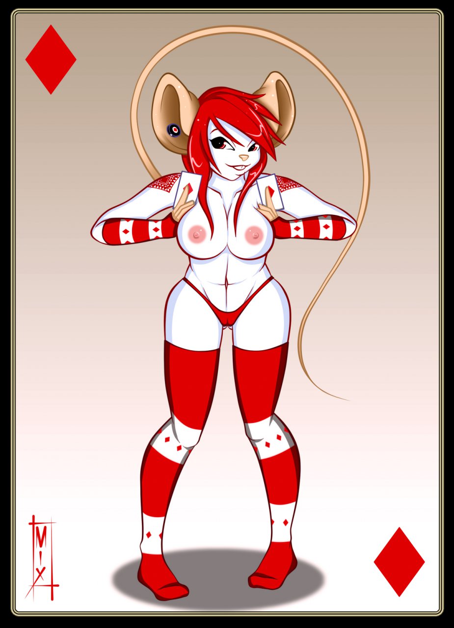 ace_of_diamonds anthro big_breasts breasts card_game cute female fur furry llmixll looking_at_viewer mouse nipples playing_card presenting_breasts pressing_breasts_together red_hair rodent stockings tattoo topless