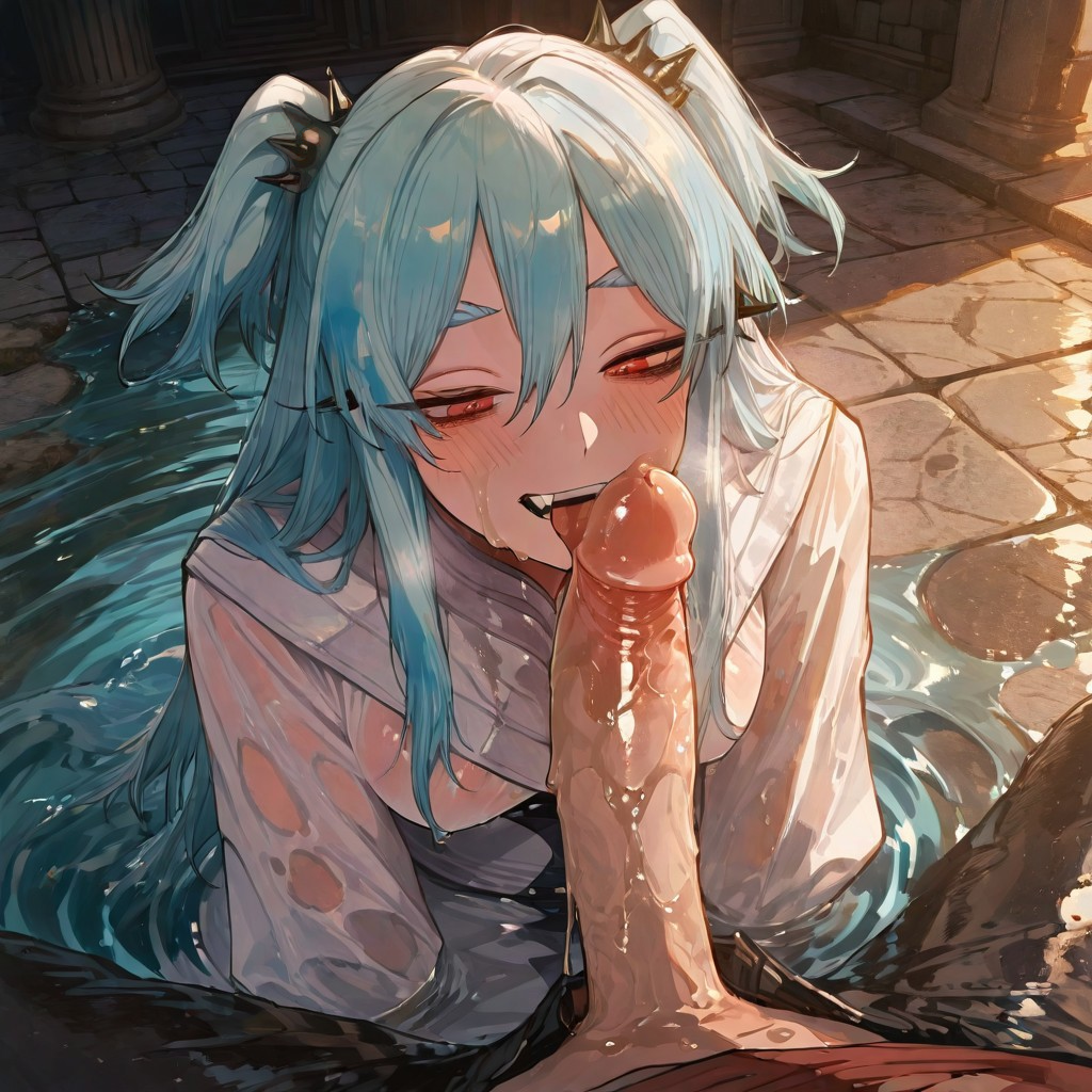 1boy 1girls ai_generated blue_hair blush centuria hair_between_eyes hair_ornament lacrima licking_penis licking_penis_tip long_hair male_pov oral outdoors partially_clothed penis pov puddle red_eyes short_twintails straight tongue tongue_out translucent_clothing two_side_up water wet wet_clothing