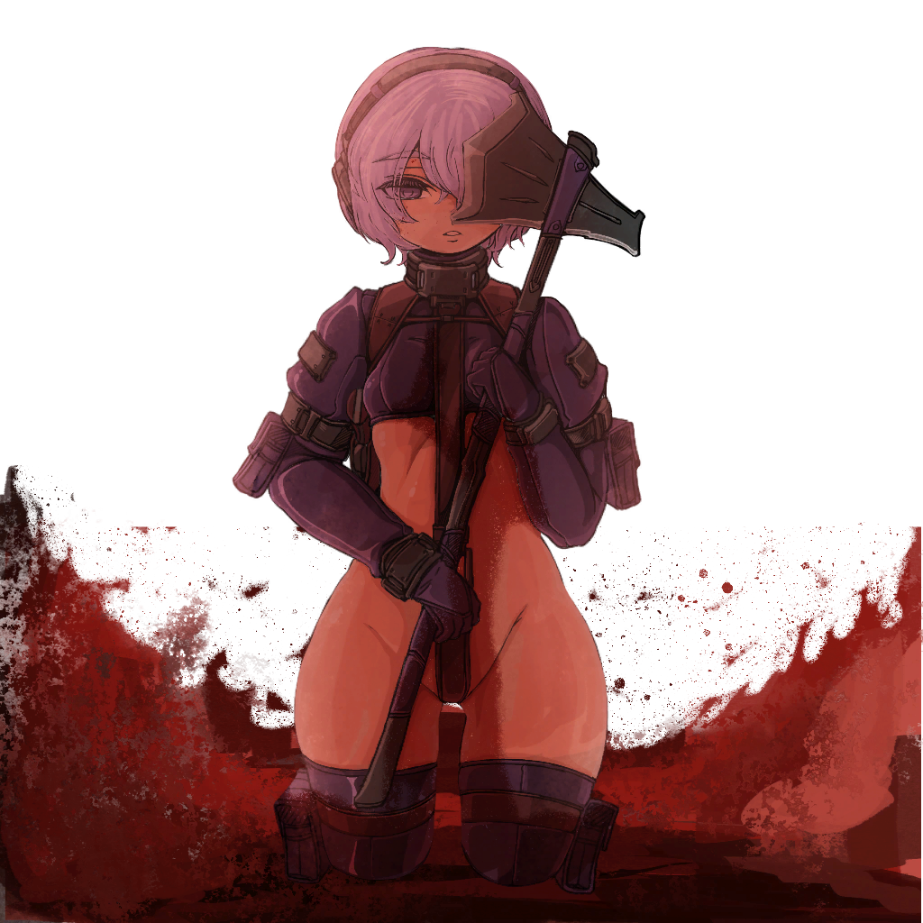 arm_pouch armored_boots axe boots crop_top crotch_strap doekuramori eyebrows eyelashes full_body headgear holding holding_axe holding_weapon kneeling leg_pouch looking_at_viewer martyr_(the_citadel) matching_hair/eyes official_art open_mouth purple_eyes purple_hair purple_skirt red_background simple_background skirt the_citadel the_martyr thighhighs thighhighs_under_boots thighs transparent_background weapon