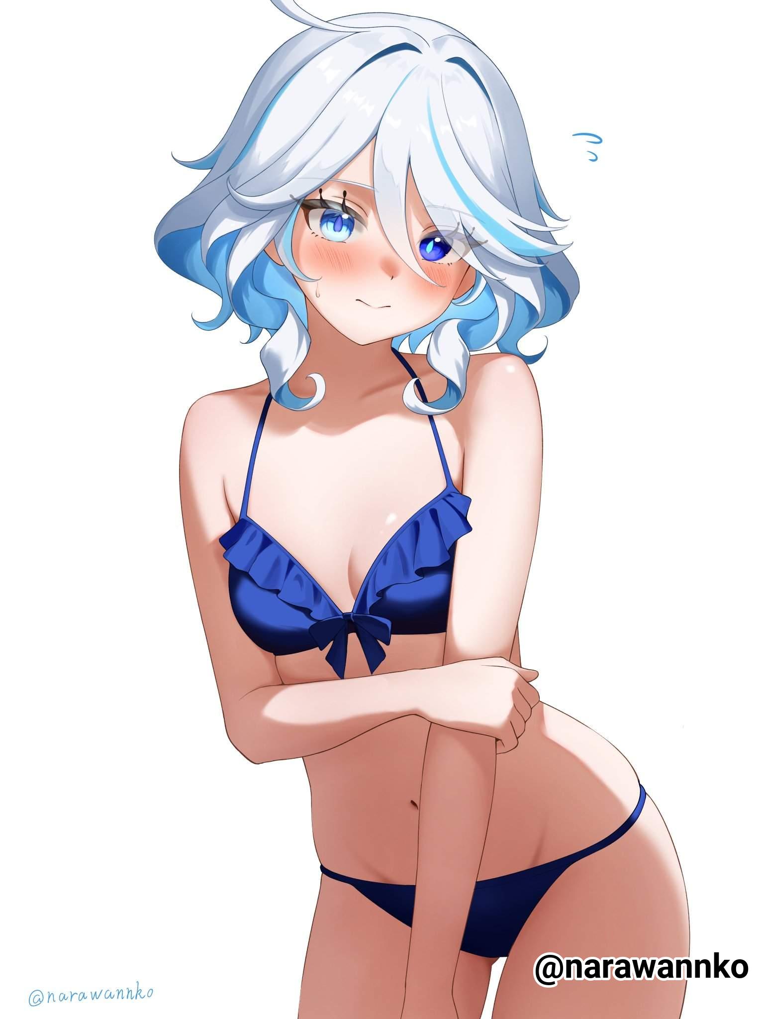 1girls, 2d, 2d (artwork), 2d artwork, ahoge, bare arms, bare belly, bare chest, bare hands, bare hips, bare legs, bare midriff, bare navel, bare shoulders, bare skin, bare thighs, belly, belly button, bikini, bikini bottom, bikini only, bikini top, blue bikini, blue bikini bottom, blue bikini top, blue eyes, blue hair, blue swimsuit, blue swimwear, blue-eyed female, blue-haired female, blush, blush face, blushing at viewer, blushing female, blushing lines, breasts, cleavage, closed mouth smile, collarbone, curvaceous, curvaceous body, curvaceous female, curvaceous figure, curvaceous hips, curvy, curvy body, curvy female, curvy figure, curvy hips, digital, digital art, digital drawing, digital drawing (artwork), digital media, digital media (artwork), drawing, elbows, embarrassed, embarrassed expression, embarrassed female, exposed arms, exposed belly, exposed chest, exposed hips, exposed legs, exposed midriff, exposed navel, exposed shoulders, exposed skin, exposed thighs, female, female focus, female only, fingers, flustered, flustered female, frilled bikini, frilled bikini top, frilled swimsuit, front-tie bikini, front-tie bikini top, furina (genshin impact), genshin impact, groin, hair between eyes, halterneck, hand on arm, hand on own arm, head tilt, heterochromia, high resolution, highres, inguinal crease, inguinal ligament, lean figure, light smile, looking at viewer, medium hair, midriff, multicolored hair, narawannko, narrow waist, navel, nervous, nervous expression, nervous face, nervous female, pear-shaped figure, petite, petite body, petite breasts, petite female, petite girl, petite tits, posing, posing for the viewer, posing naked, posing nude, shoulders, shy, shy expression, shy female, shy girl, simple background, slender body, slender waist, slim waist, small breast, small breasts, smile, smiley face, smiling, smiling at viewer, solo, standing, string bikini, swimsuit, swimwear, thick thighs, thigh gap, thighs, tilted head, tiny breasts, upper body, white background, white hair, white-haired female, wide hips