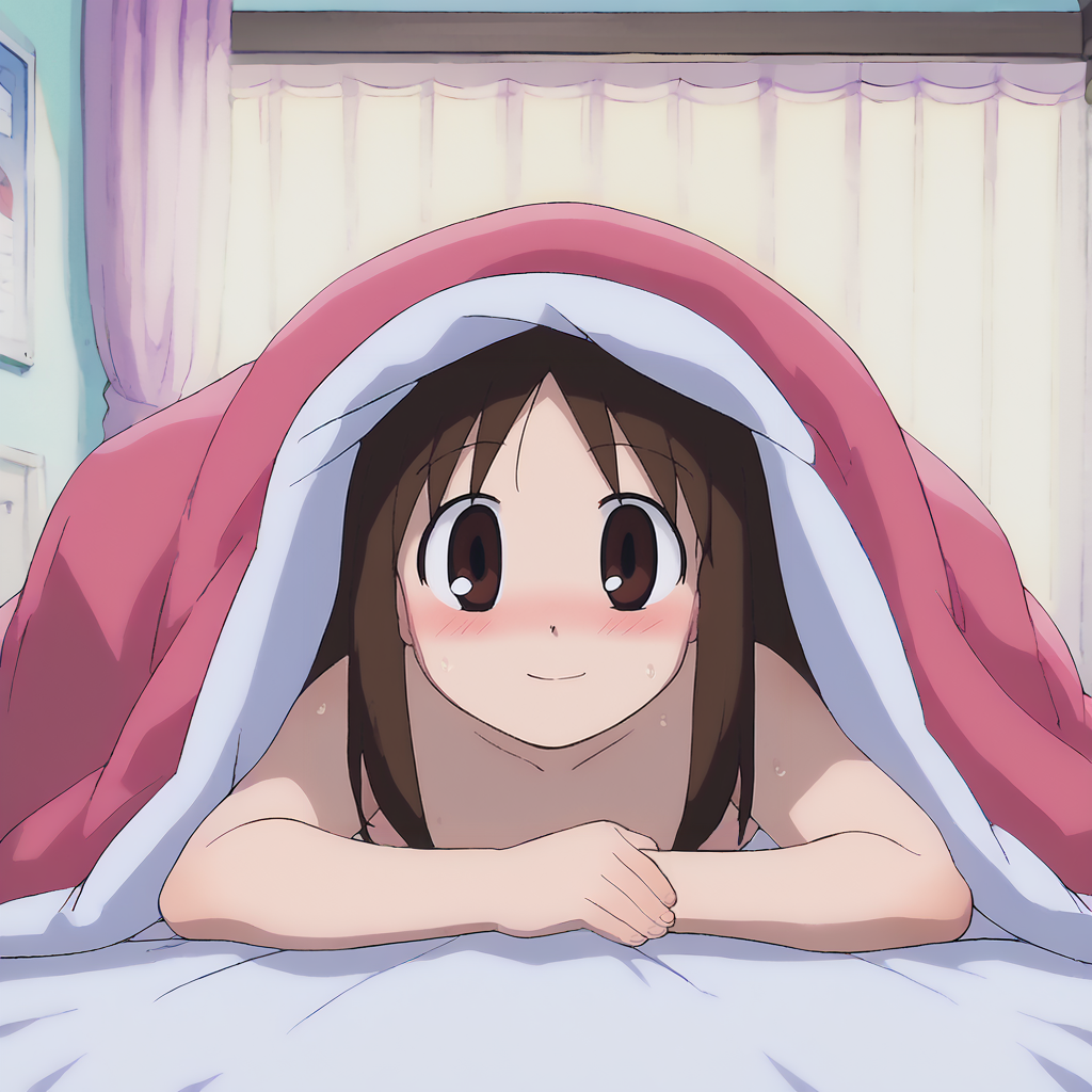 ai_generated azumanga_daiou bed_invitation bedroom blush brown_eyes brown_hair degendaioh inside kotatsu looking_at_viewer naked osaka_ayumu_kasuga sweat sweaty under_covers