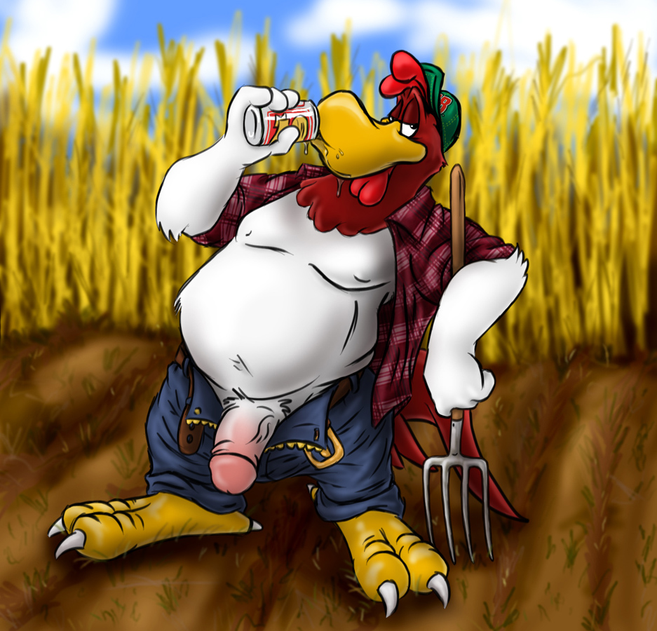 alcohol avian beak beer beverage chubby clothing foghorn_leghorn looney_tunes male male_chicken male_only penis pitchfork sdawg soft_feathers solo undressed warner_brothers