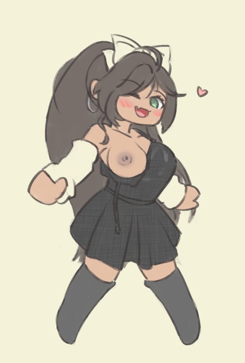 1girls, akasamaishere, areolae, breasts, brown hair, clothed, female, green eyes, long hair, nipples, one breast out, roblox, robloxian, solo, source request, tagme, tan skin, wink